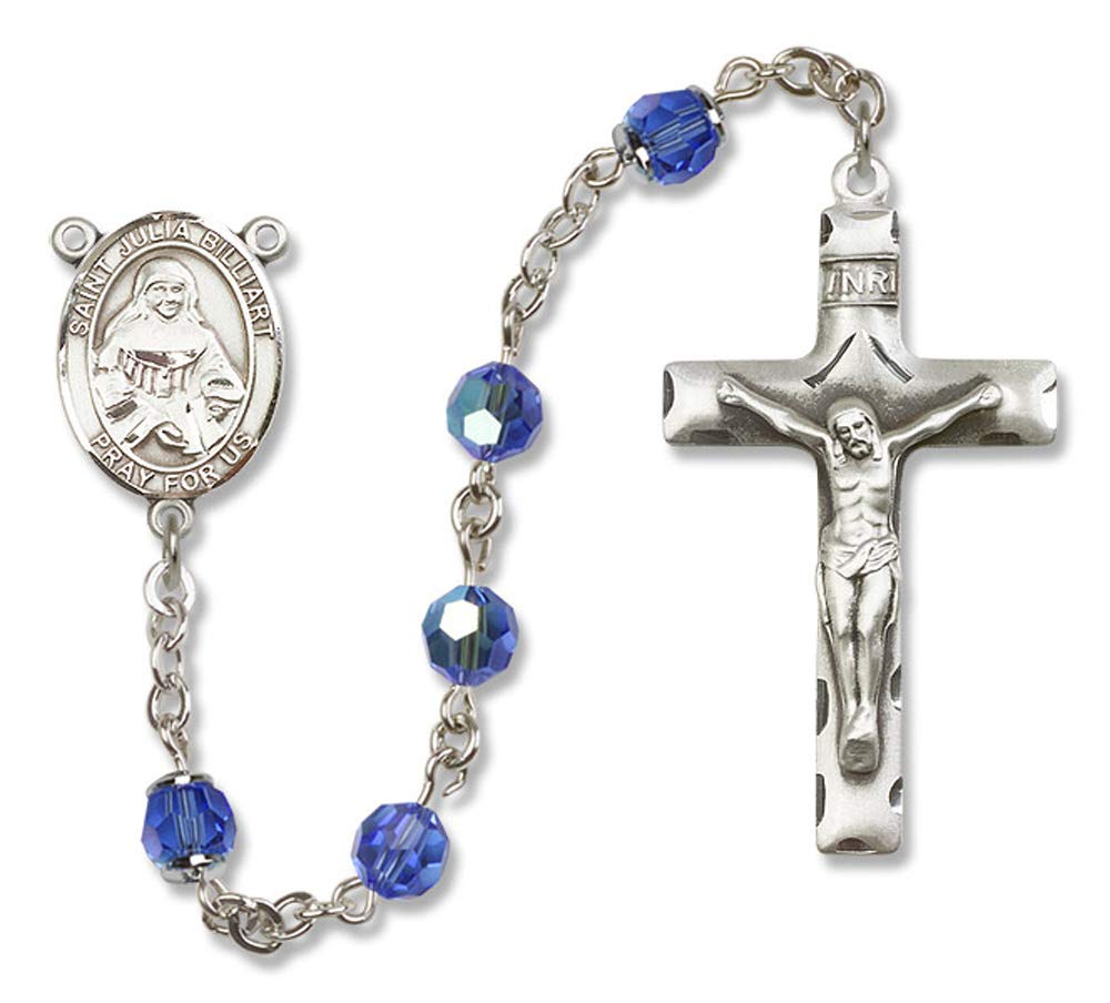 Sterling Silver Rosary with Sapphire & 6mm Swarovski Austrian Crystal Beads - Patron Saint Julia Billiart Jewelry for Catholic Prayer & Protection Against Poverty | Perfect for Daily Devotion, First Communion & Religious Gifts