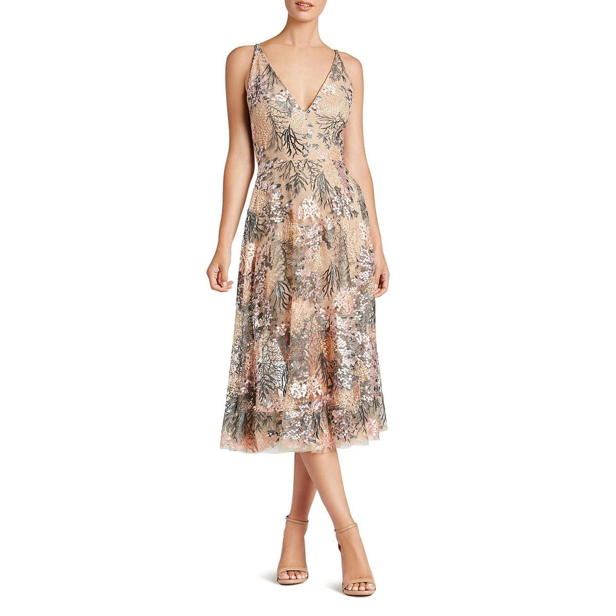 Dress the Population Women's Audrey Spaghetti Strap Midi A-line 3D Floral Dress - Elegant Summer Wedding Guest Dress, Cocktail Party & Date Night Outfit