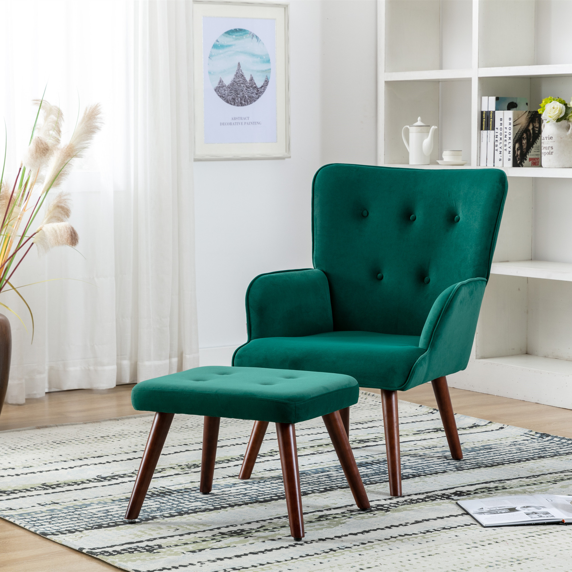 Modern Velvet Accent Chair with Ottoman - Tufted Wingback Upholstered Armchair, Tall Back Comfortable Lounge Chair for Living Room, Bedroom, Office Waiting Area - Perfect for Relaxing, Reading & Home Decor