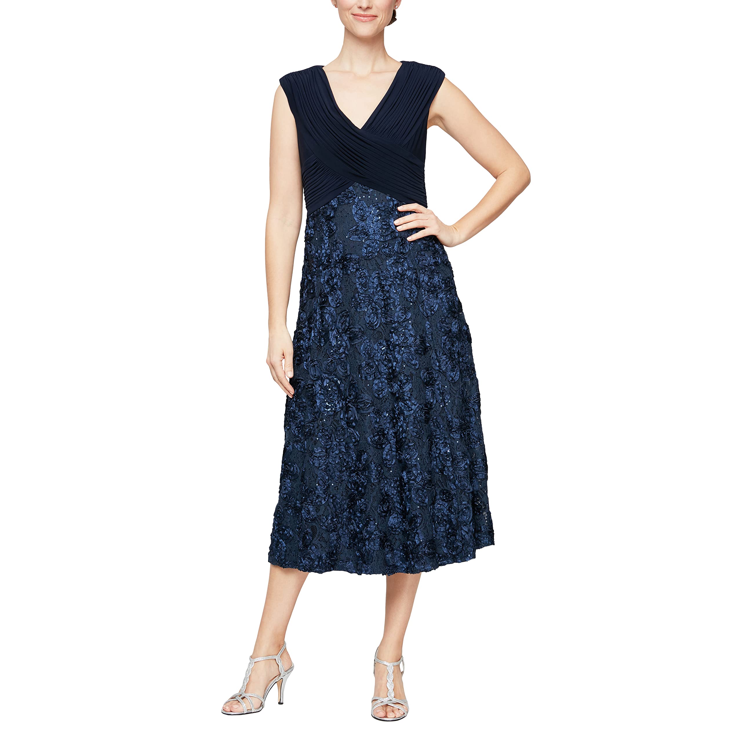 Alex Evenings Women's Tea Length Dress with Rosette Detail - Elegant Cocktail Party & Wedding Guest Dress (Petite & Regular Sizes) | Perfect for Formal Events, Bridal Showers, and Evening Occasions