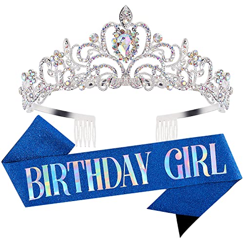 Birthday Girl AB Silver Crown & Princess Tiara Set with Birthday Sash - Perfect Birthday Gifts for Girls, Party Decorations & Accessories - Ideal for Princess Themed Parties, Birthday Celebrations & Special Occasions