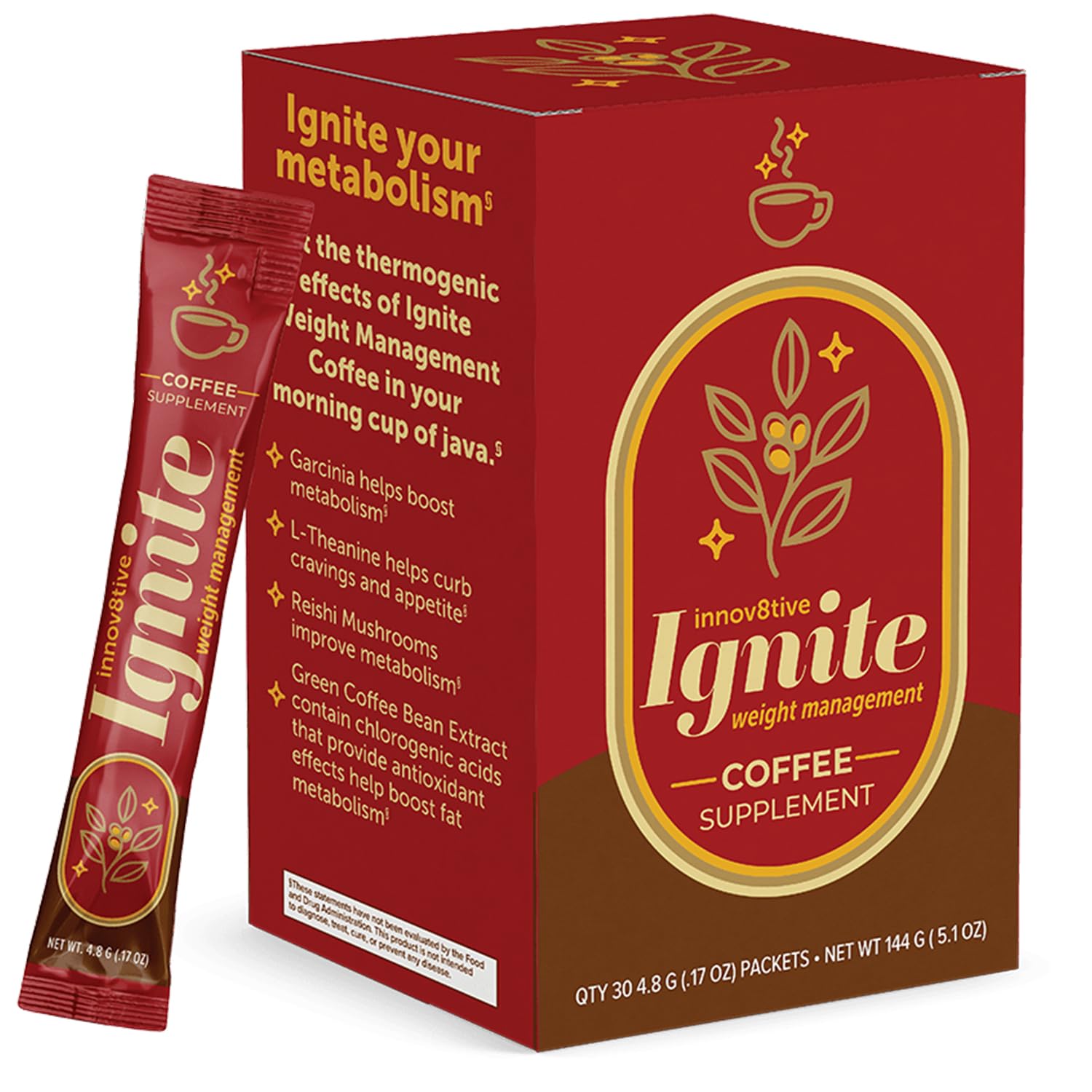 Ignite Coffee Supplement with Garcinia, L-Theanine, Reishi Mushroom & Green Coffee Bean Extract - Boost Energy & Reduce Cravings - 30 Single Serve Stick Packs - Perfect for Workouts, Focus & Weight Management