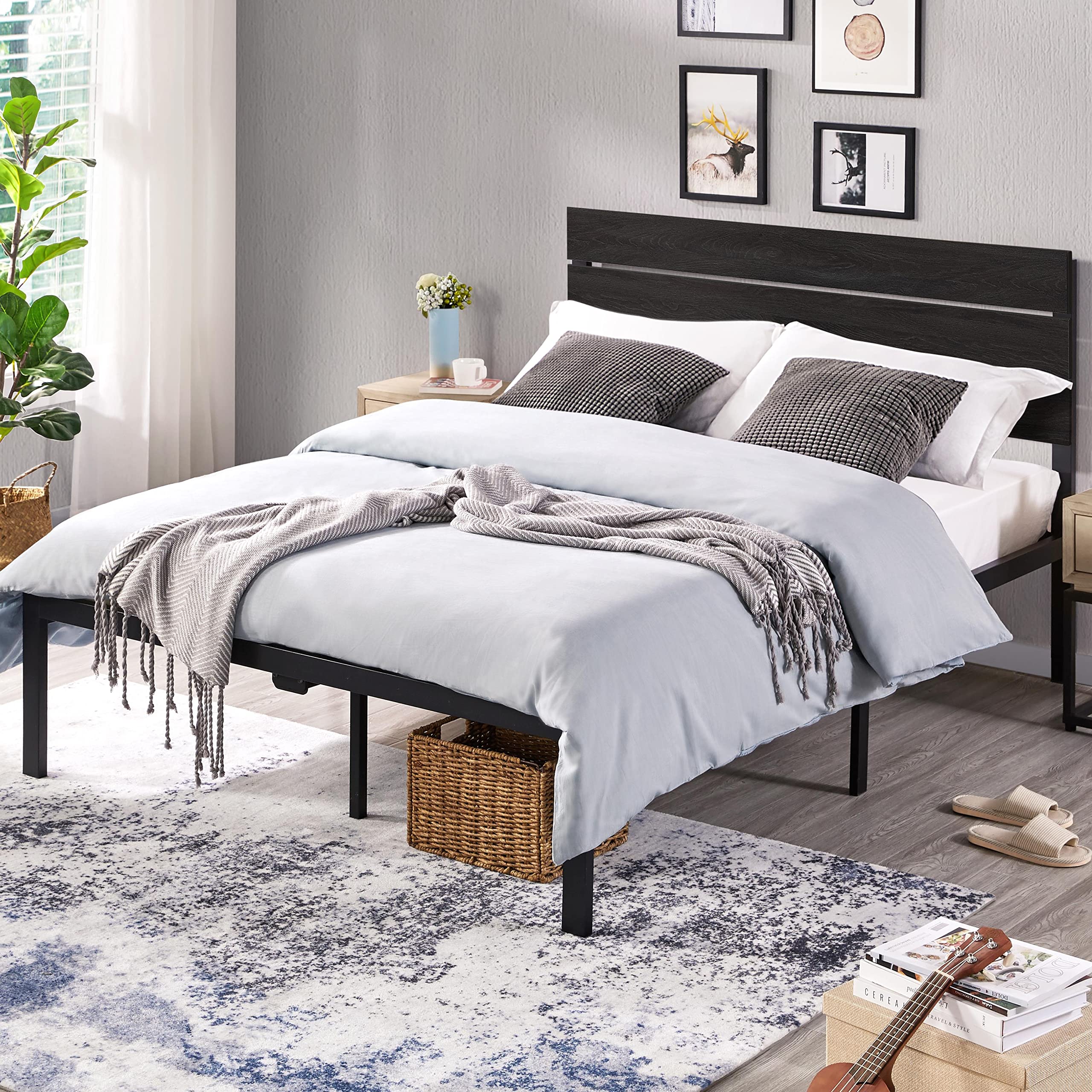 Yaheetech Full Size Industrial Platform Bed Frame with Wood Headboard & Metal Slats - Rustic Country Style Bed with Mattress Foundation, 12