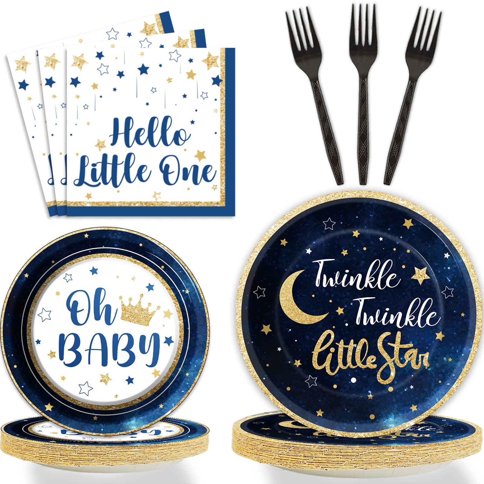 Wiooffen 96-Piece Twinkle Twinkle Little Star Party Gender Reveal Supplies Set - Includes Plates, Napkins & Forks for 24 Guests - Perfect for Baby Showers, Gender Reveal Parties & Celebrations (Pink/Blue Theme)