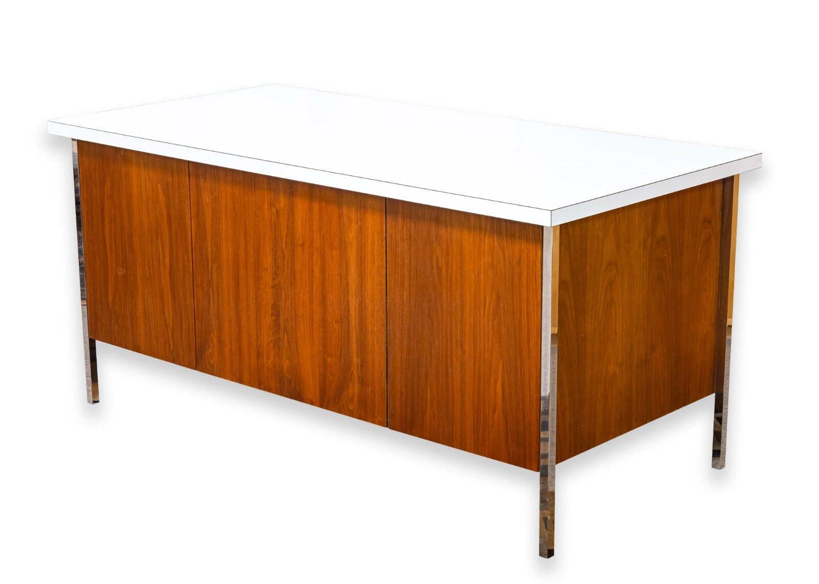 Vintage Mid Century Modern Walnut Double Pedestal Desk with White Laminate Top - Home Office Furniture for Professionals & Remote Workers