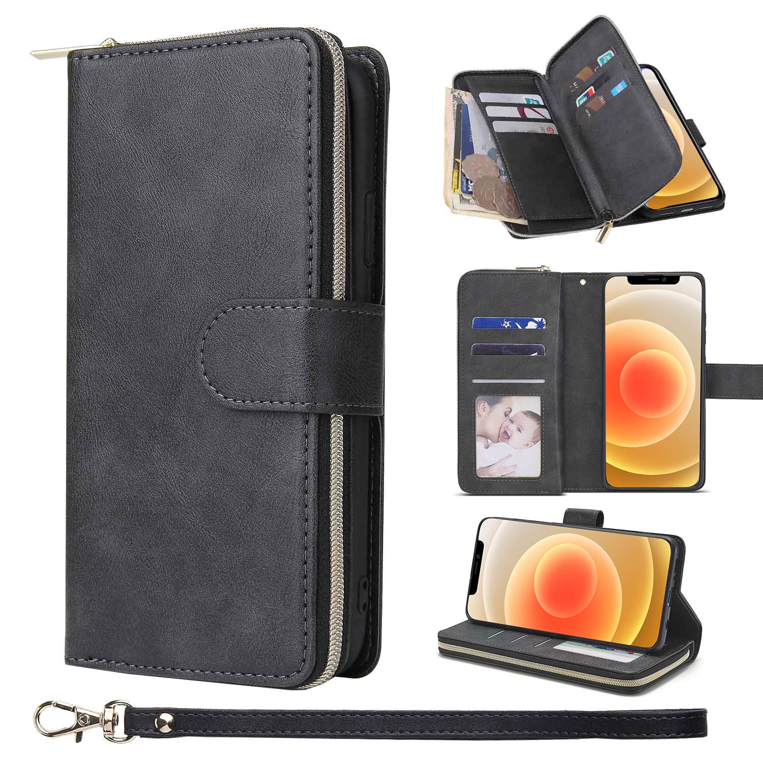 Premium PU Leather Wallet Case for iPhone 12 Pro Max - Magnetic Closure, 9 Card Slots & Zipper Pocket | Flip Folio with Kickstand | Perfect for Business, Travel & Everyday Use (Black)