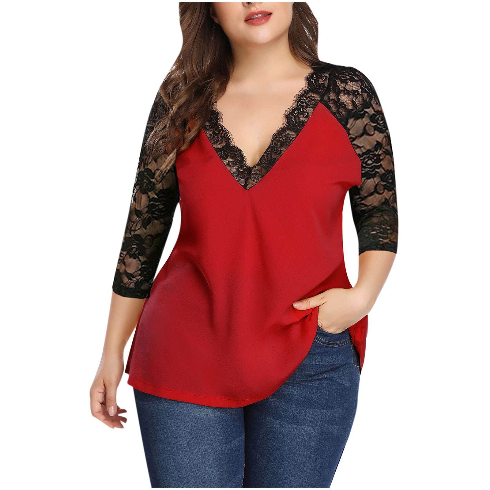 HRAPDA Women's Summer Casual Lace Short Sleeve V-Neck Tunic T-Shirt - Trendy Loose Fit Blouse for Going Out, Date Night & Beach Wear