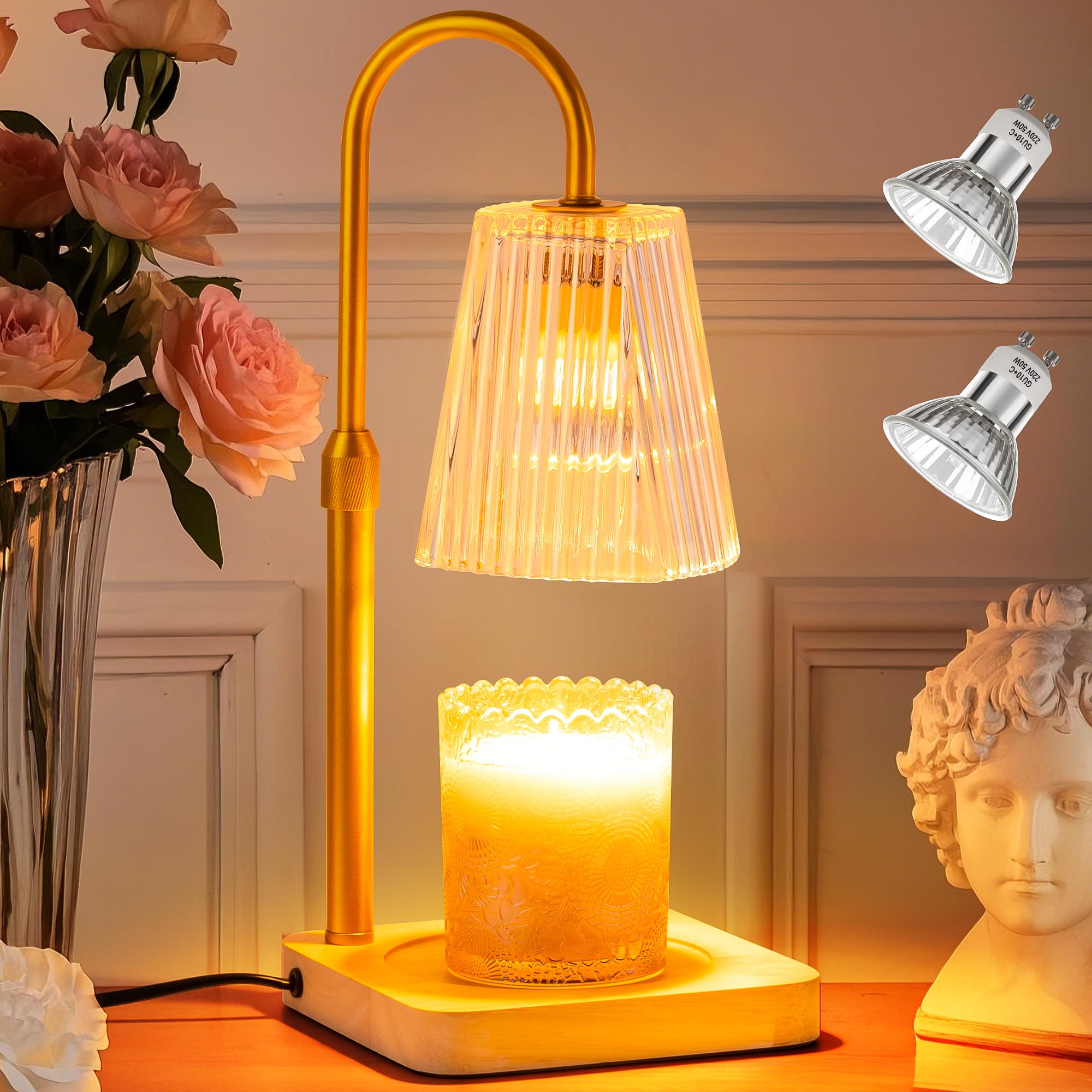 Adjustable Height Candle Warmer Lamp with Timer & 2 Bulbs - Dimmable Electric Wax Melter Heater for Small Jar Candles - Perfect Gift for Women, Mom, Birthday - Home & Desk Decor for Relaxation & Aromatherapy