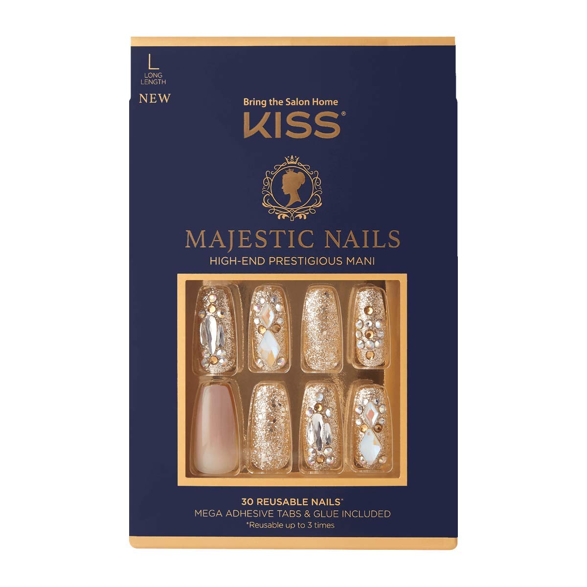 KISS Majestic Fake Nails - 'My Crown' Luxury Press-On Gel Nails Set | 30 Reusable Long Coffin Shaped Artificial Nails with Jewel Accents | Perfect for Parties, Weddings & Special Occasions
