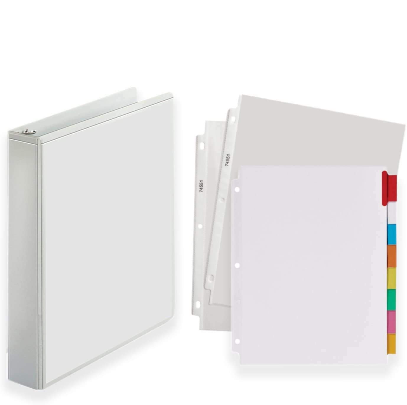 Premium 3-Ring Binder with 20 Top-Loading Clear Sheet Protectors & 8 Color Tabs - 1.5 Inch White Presentation Binder for School, Office & Business Organization - Extra Wide Dividers Included