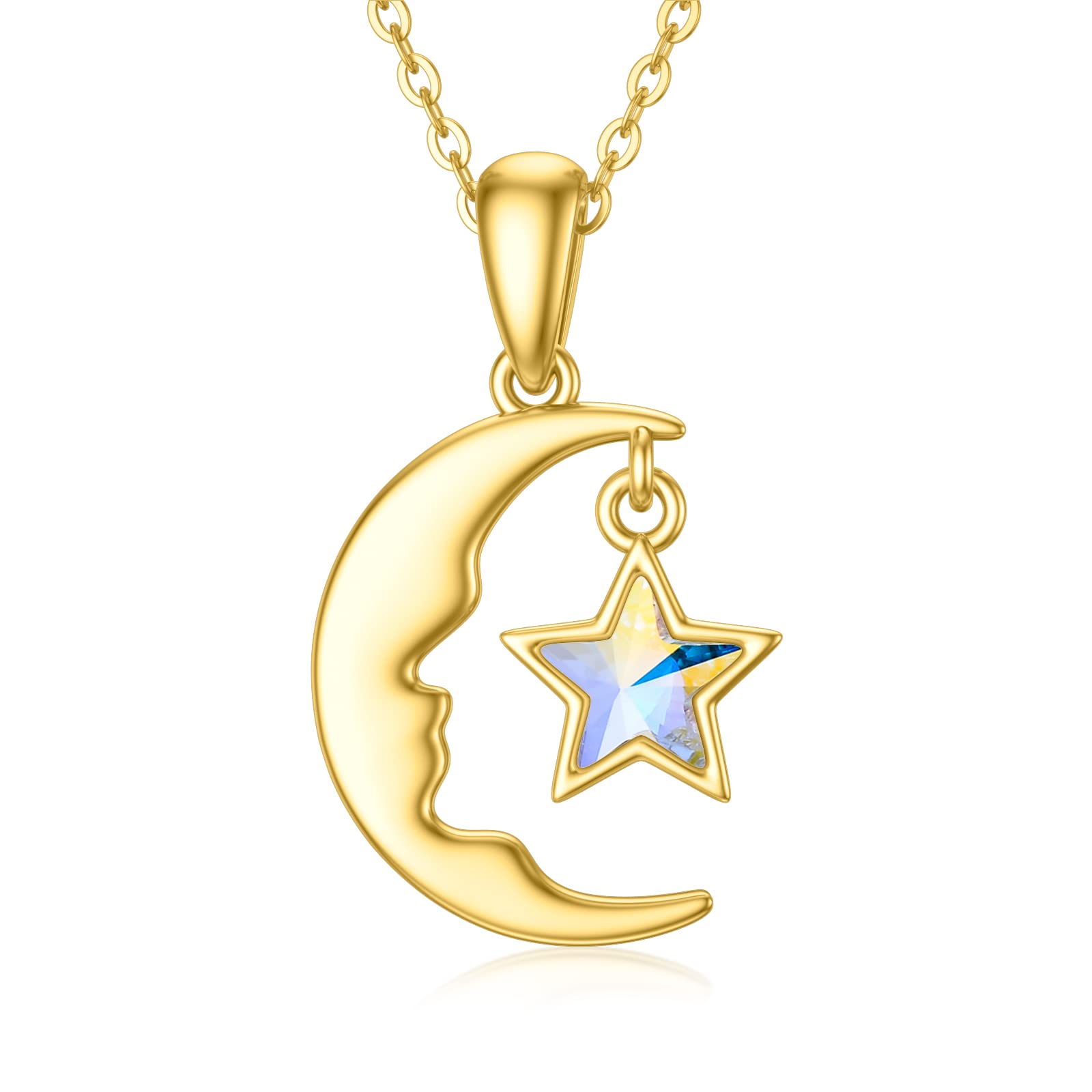 14K Solid Gold Moon and Star Pendant Necklace for Women - Real 14K Gold Y-Chain Necklace - Elegant Jewelry Gift for Girlfriend, Wife, Mother - Perfect for Valentine's Day, Anniversary, Birthday & Special Occasions
