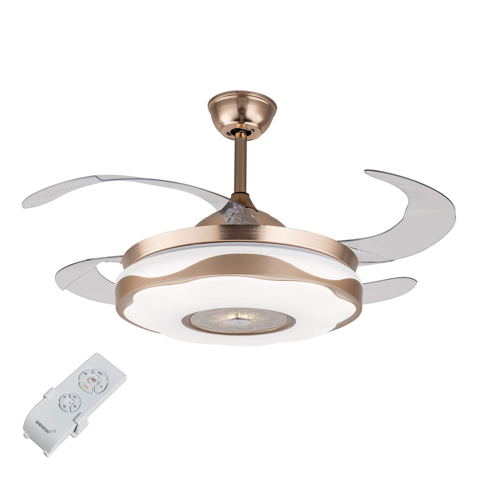 42 Inch Crystal Ceiling Fan with Lights and Remote Control - Ultra Quiet 3-Speed Retractable Fan with 3 LED Lights for Living Room, Bedroom, Dining Room - Gold Finish (6921-US Standard) | Perfect for Home Cooling and Stylish Interior Decor
