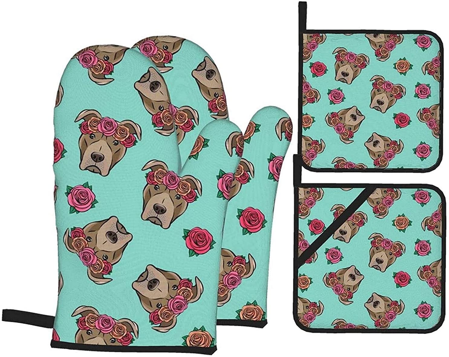 **Teal Pit Bull Floral Oven Mitts & Pot Holders Set - 4pcs Heat Resistant Non-Slip Kitchen Gloves for Cooking, Baking, BBQ - Perfect for Dog Lovers & Home Chefs**