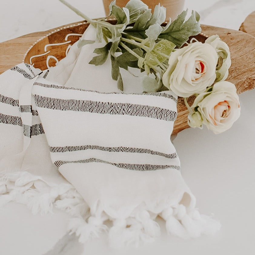 Premium Haley Two Stripe Hand Towel Set - Ultra Soft Turkish Cotton & Bamboo Blend - Highly Absorbent Bath & Kitchen Towels for Spa, Gym, and Luxury Home Use