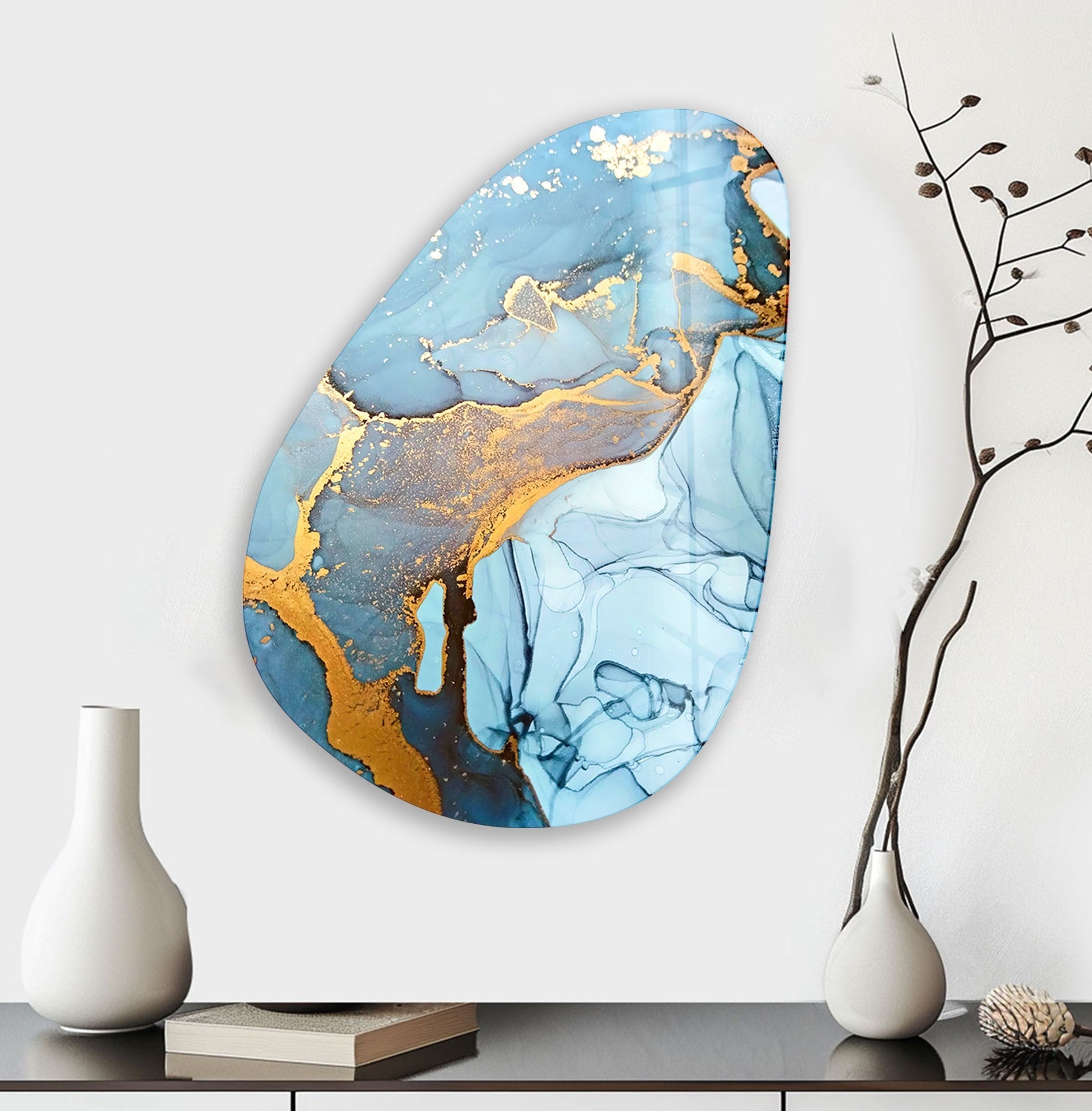 Abstract Blue & Gold Glass Wall Art - Modern Asymmetrical Oval Design for Living Room, Bedroom & Office Decor