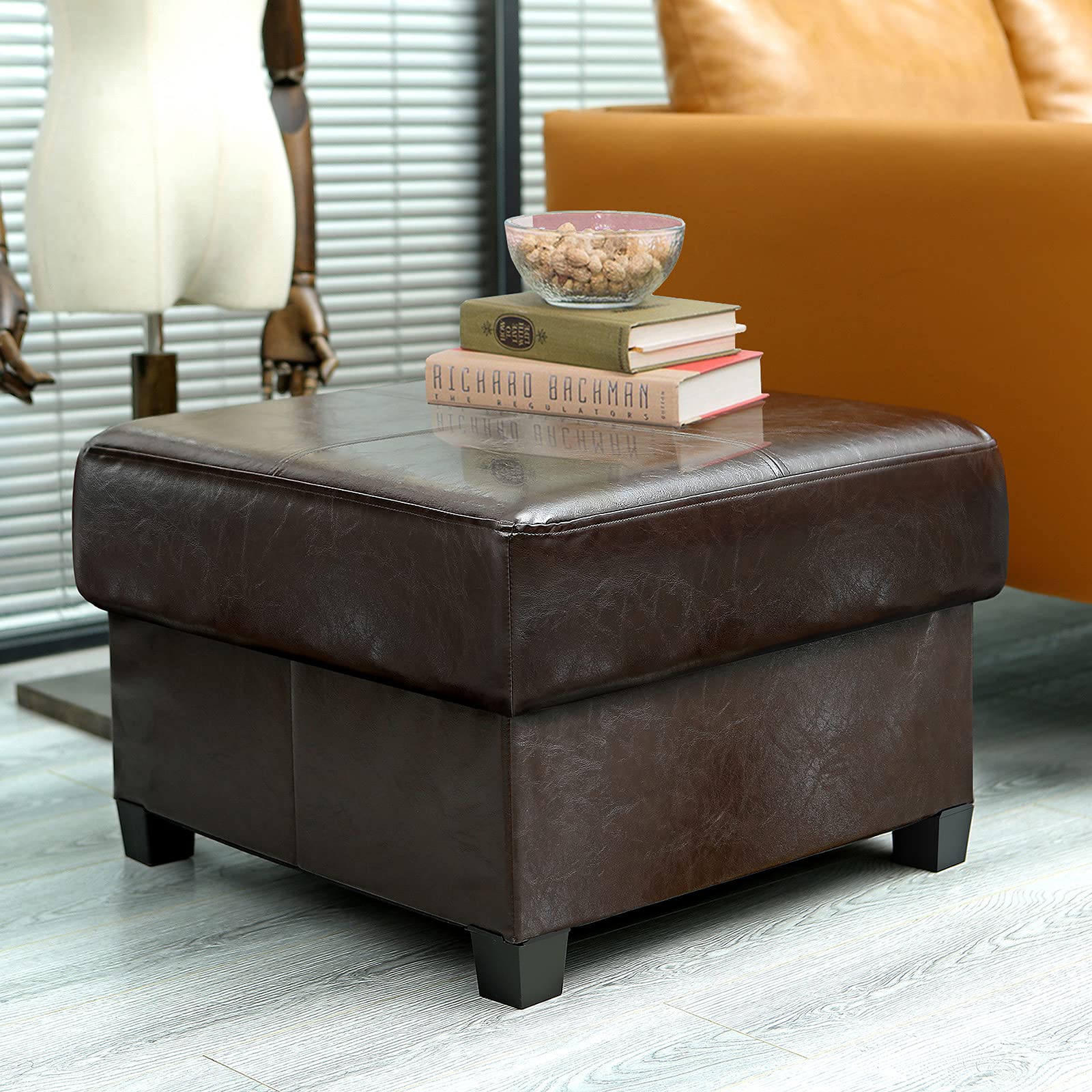GLAXYFUR Square PU Leather Storage Ottoman Coffee Table with Hidden Compartment - Brown | Multi-Functional Footrest, Seat & Living Room Storage Solution