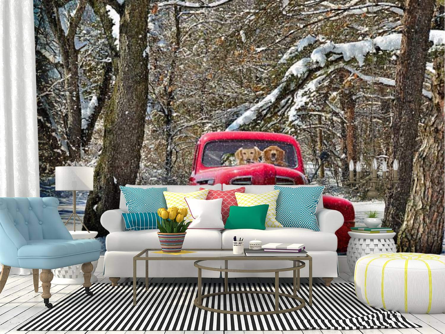 Golden Retriever Christmas Truck Peel and Stick Wallpaper - Self-Adhesive Removable Vinyl Wall Mural for Home Decor (Perfect for Living Room, Bedroom, Nursery & Holiday Decoration)