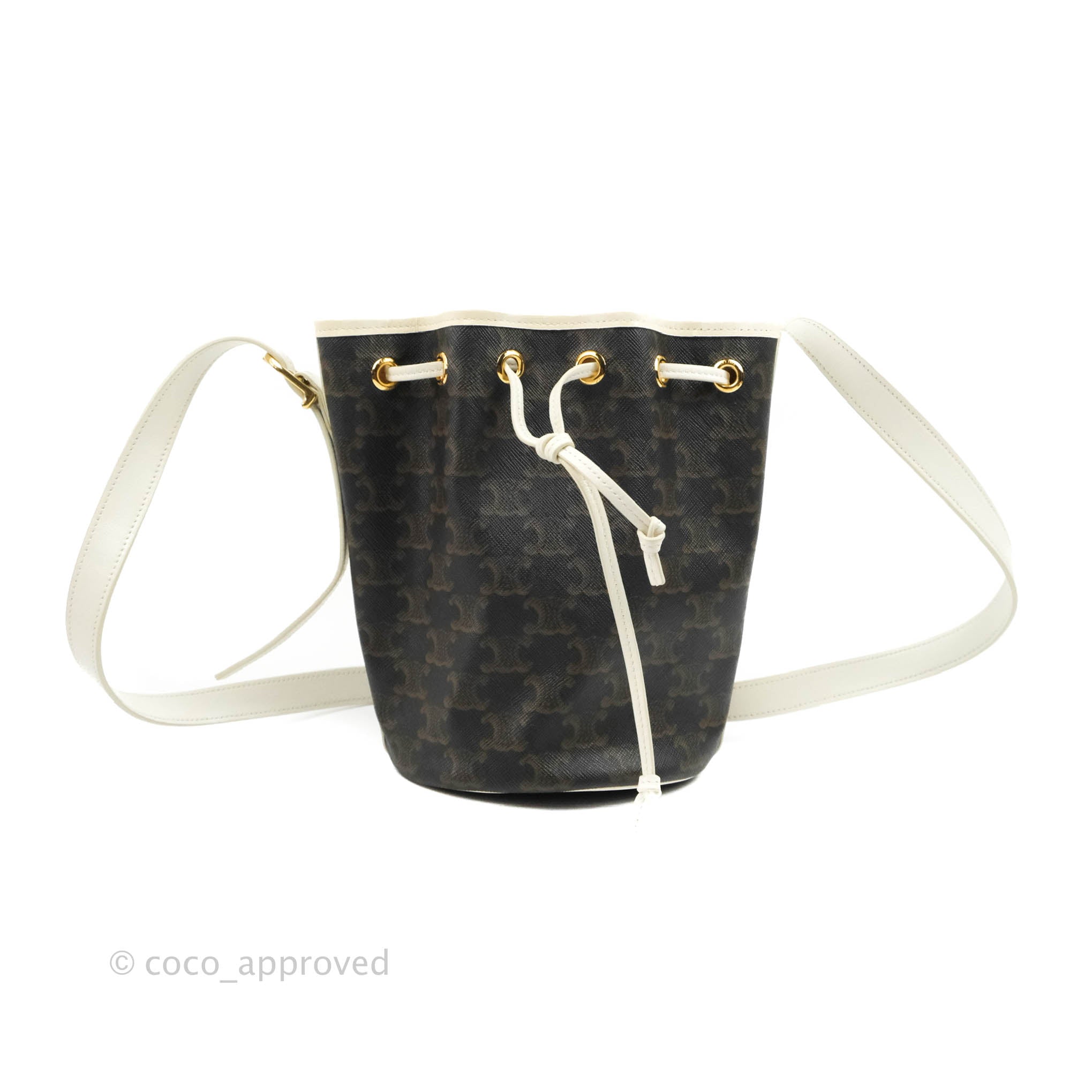 Celine Small Drawstring Bag Triomphe Canvas White Calfskin Leather Crossbody Purse for Women | Luxury Designer Handbag for Everyday Use & Special Occasions
