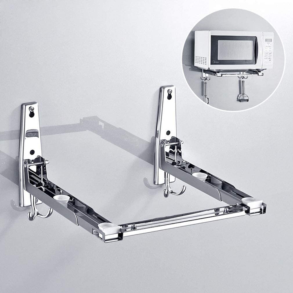 Premium 304 Stainless Steel Microwave Oven Shelf Rack - Adjustable Wall Mount Kitchen Organizer with 2 Hooks | Foldable & Heavy Duty Design | Includes Mounting Hardware | Perfect for Small Kitchen Space Saving & Microwave Storage