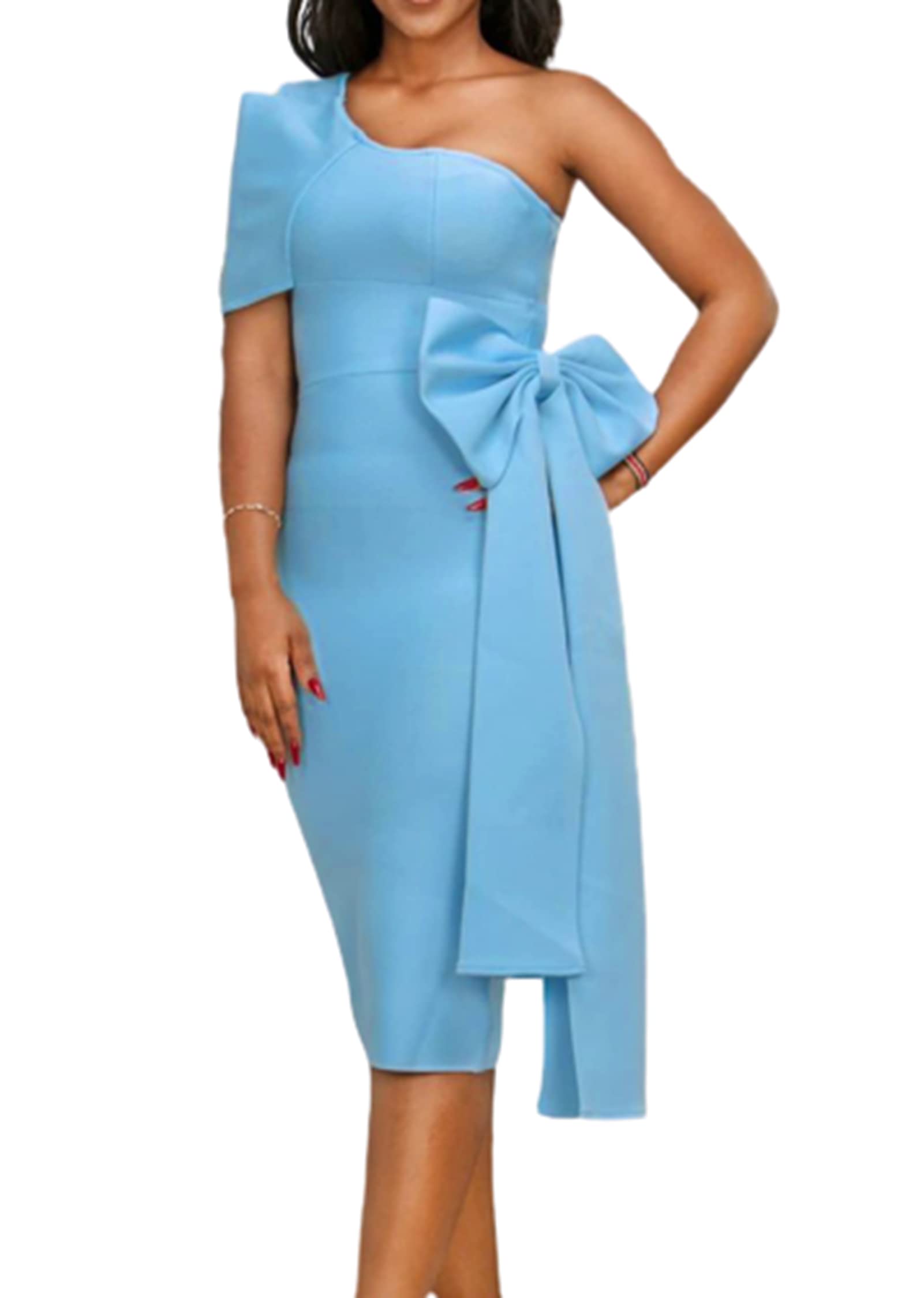 Sexy One Shoulder Midi Pencil Dress with Bowknot - Women's Knee Length Cocktail & Wedding Party Dress for Evening Events, Date Night & Special Occasions