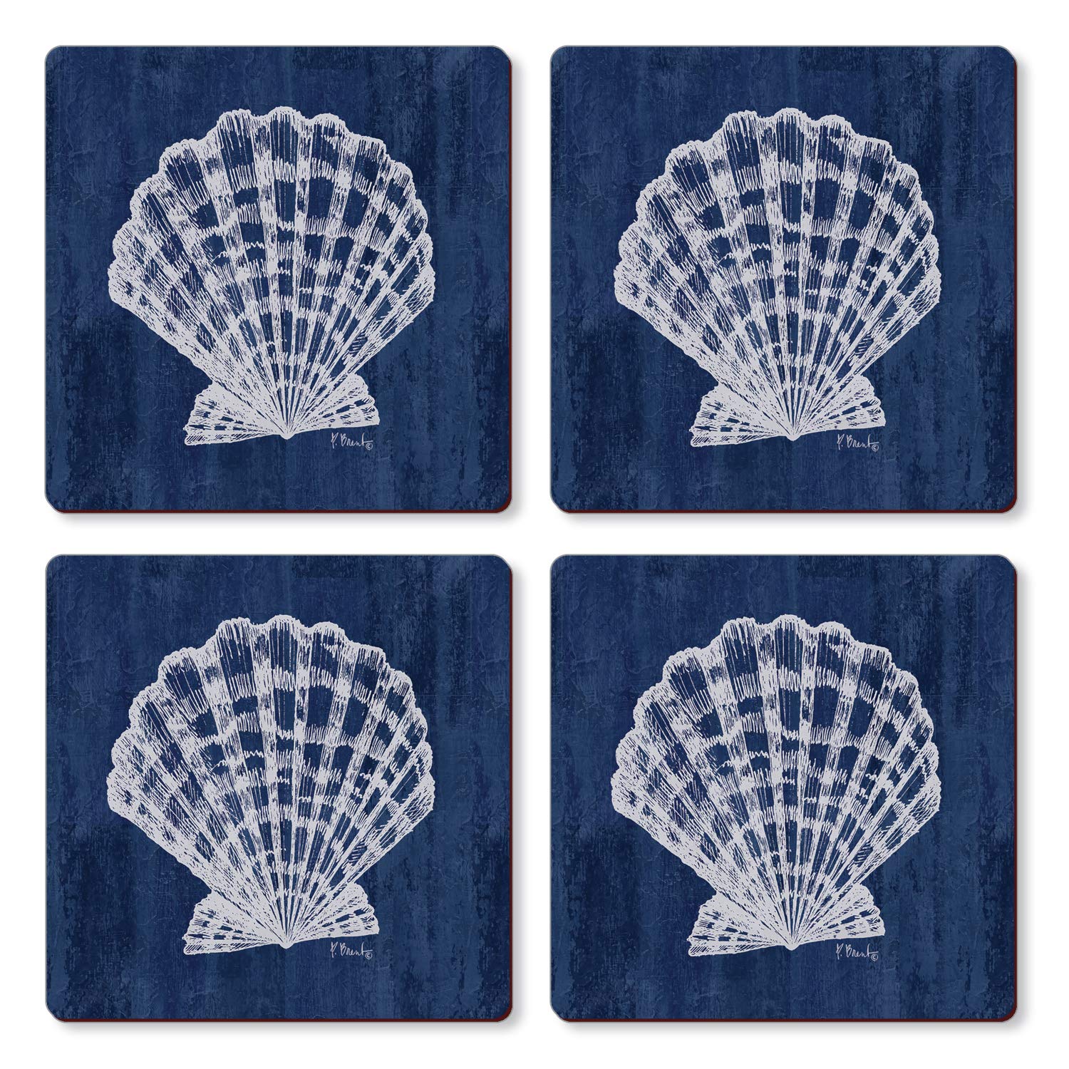 Premium Hardboard Cork Back Coasters 4 Pack - Heat Resistant & Easy to Clean - Made in USA - Perfect for Coffee, Wine, and Dining Tables - Cala Home St Tropez Shells Design