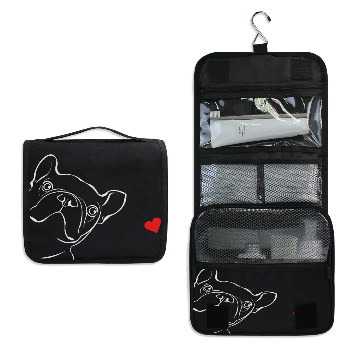 Cute Pet Animal Dog Bulldog Hanging Toiletry Bag - Travel Cosmetic Organizer for Women & Girls, Portable Makeup Pouch with Sturdy Hook - Perfect for Bathroom, Camping & Vacation
