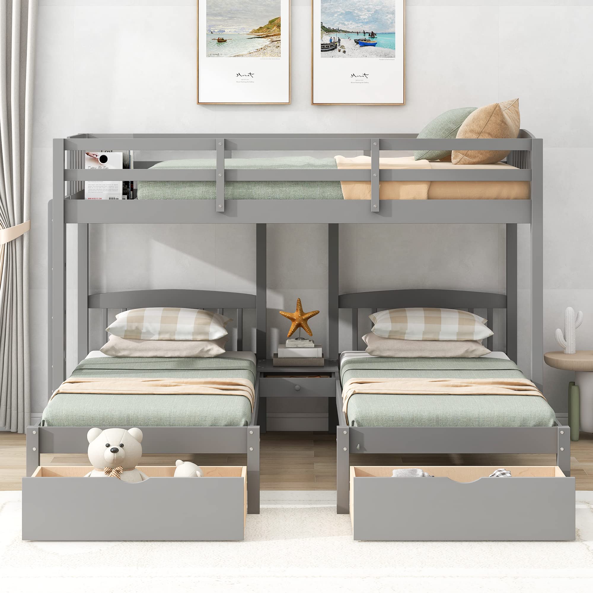 P PURLOVE Twin Over Twin & Twin Wood Triple Bunk Bed with 2 Drawers - Space-Saving 3 Tier Bunk Bed for Teens, Kids, and Sleepovers - Sturdy Gray Bunk Bed with Storage for Guest Rooms, Vacation Homes & Small Spaces