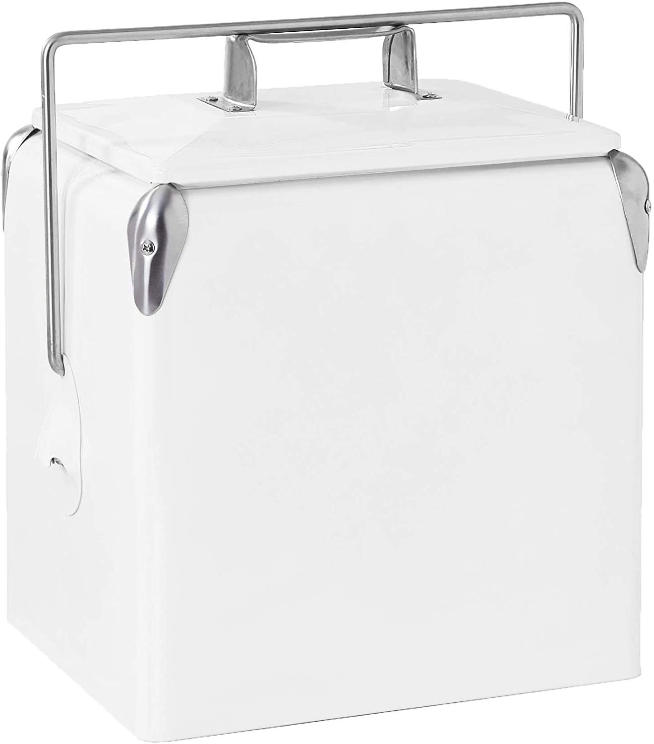 Vintage Stainless Steel Cooler with Built-in Bottle Opener - Insulated Outdoor Ice Chest for Camping, Picnics & Beach Parties - White Retro Design