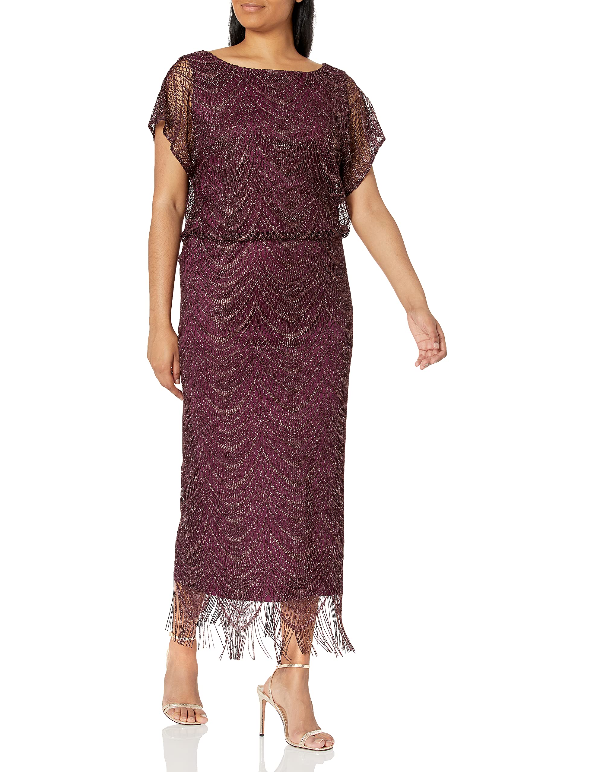 S.L. Fashions Women's Metallic Crochet Dress with Fringe Hemline - Elegant Boho Party Dress for Summer Weddings, Beach Vacations & Night Out