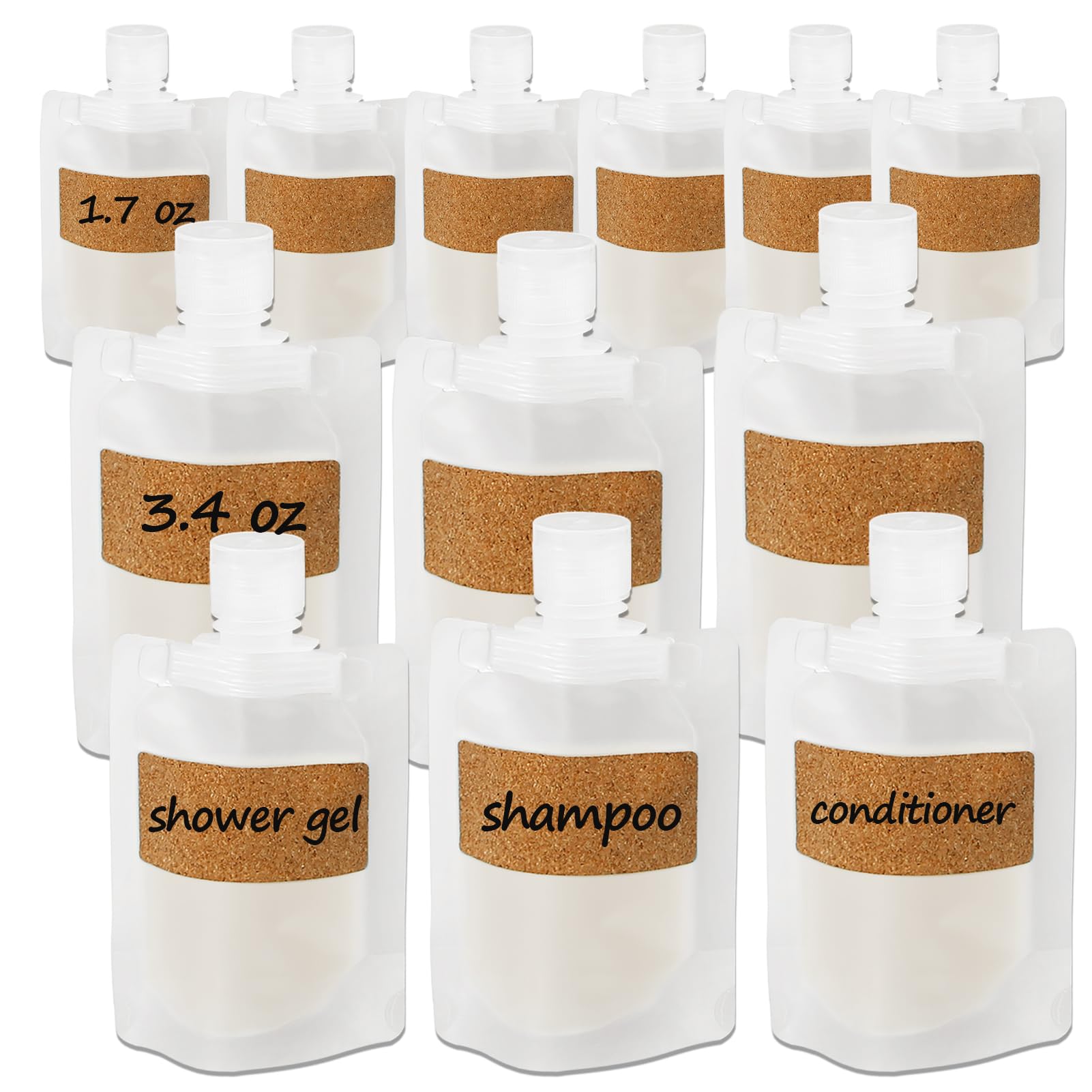 12 Pack TSA Approved Travel Toiletry Bottles Set - Leak Proof Refillable Stand Up Pouches for Shampoo, Conditioner & Lotion (1.7oz & 3.4oz) | Perfect for Airplane Carry-On, Gym Bag & Vacation Essentials