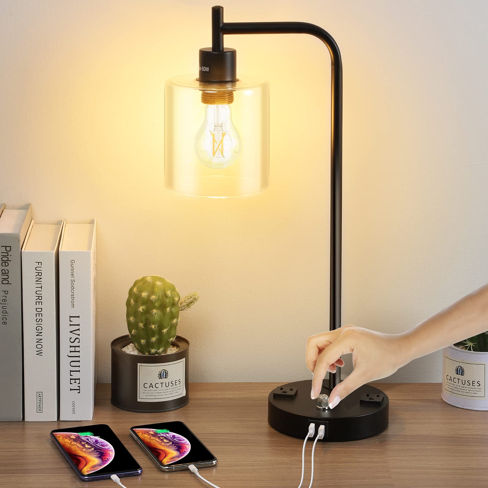 Modern Dimmable Table Lamp with USB Charging Ports & AC Outlet - Glass Shade Bedside Lamp for Bedroom, Living Room, Office - Perfect for Reading, Working & Nightstand Use (Bulb Included)