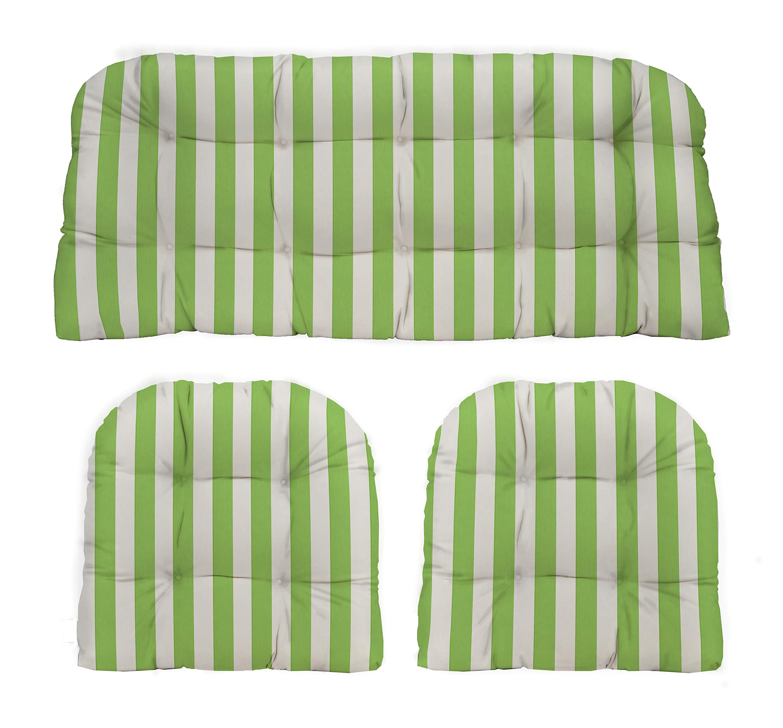 3 Piece Wicker Cushion Set for Loveseat & Chairs - Indoor/Outdoor Patio Furniture Cushions - Kiwi Green & White Striped - Perfect for Garden, Porch, and Sunroom Decor