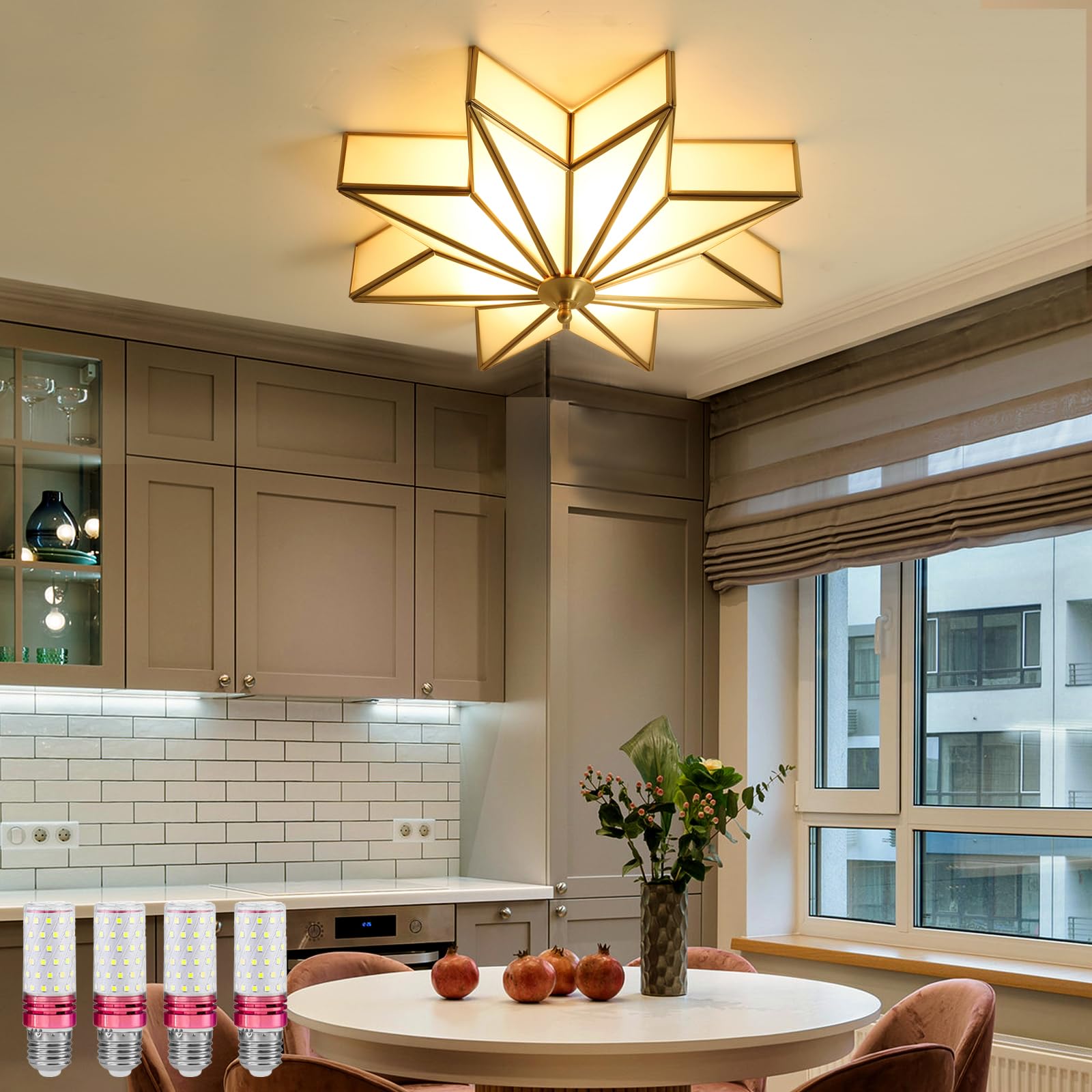 Vintage Star-Shaped Antique Brass Flush Mount Ceiling Light Fixture - 4-Light Bedroom Lighting with Frosted Glass Shade (Bulbs Included) - Perfect for Bedroom, Living Room, Dining Room & Hallway Lighting