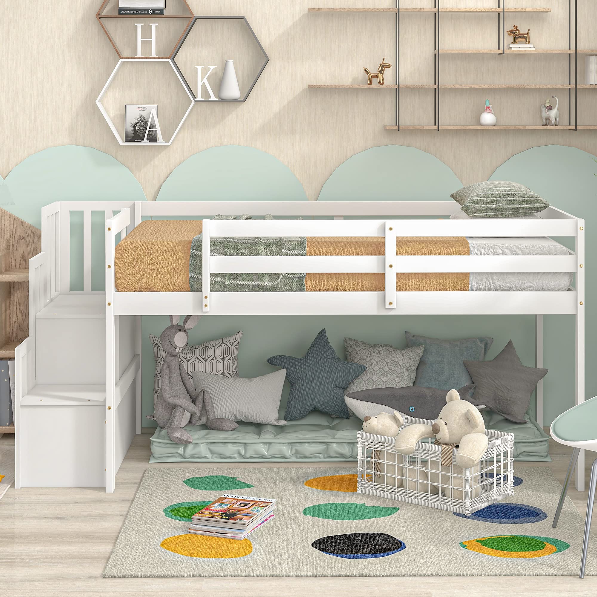 Twin Low Loft Bed for Kids with Staircase - Wooden Loft Bed Frame with 2-Step Stairs, Storage Shelves & Safety Rails - No Box Spring Needed - Easy Assembly (White) - Perfect for Small Bedrooms & Kids' Sleepovers