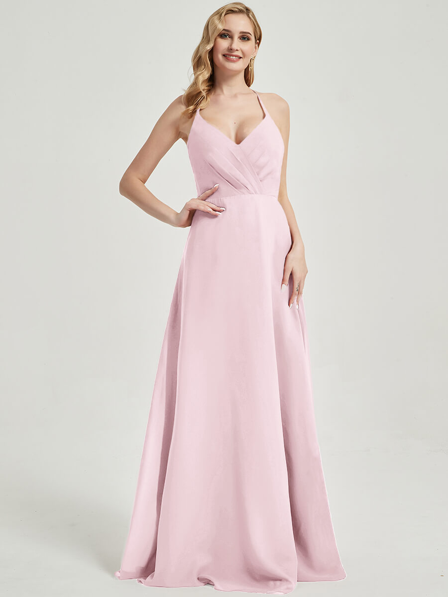 Elegant Blush Pleated Halter V-Neck Backless Maxi Chiffon Bridesmaid Dress for Weddings & Formal Events - Perfect for Beach Weddings, Evening Parties & Special Occasions