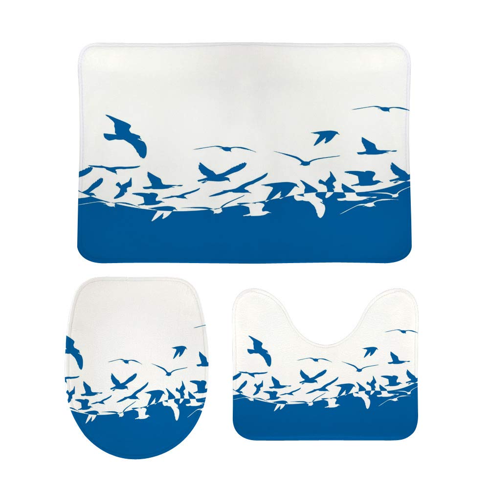 Non-Slip 3-Piece Bathroom Rug Set - Soft Coral Fleece Contour Toilet Mat, Lid Cover & Shower Mat with Seagull Silhouette Design | Water Absorbent Bath Mats for Modern Bathrooms, Perfect for Home & Guest Bath Decor