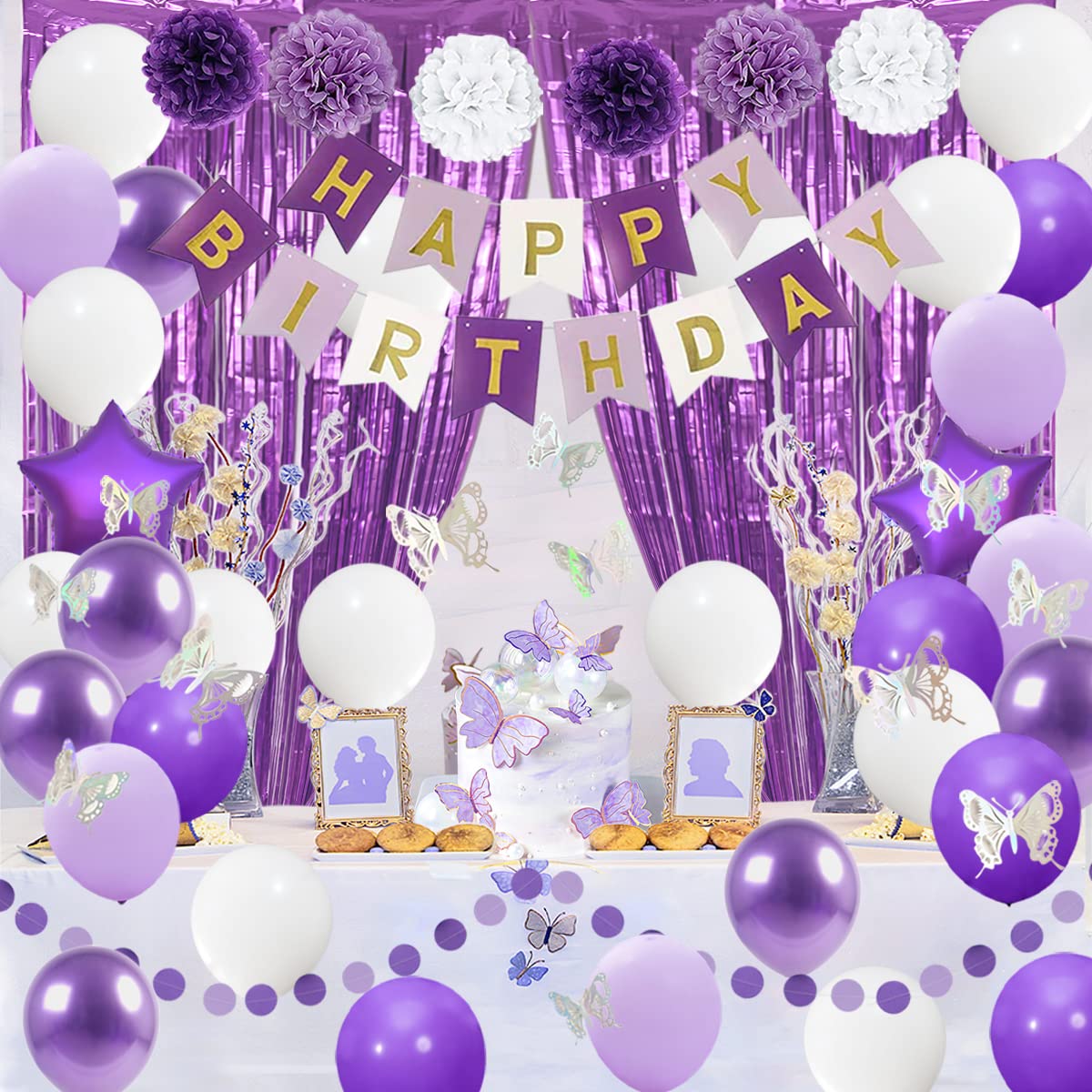 Elegant Purple and White Birthday Party Decorations Set - Tissue Pom Pom Flowers, Happy Birthday Banner, Matte Foil Fringe Curtain, Butterfly Stickers & Cake Toppers for Women, Girls, Kids | Perfect for Birthday Parties, Baby Showers & Special Celebrations