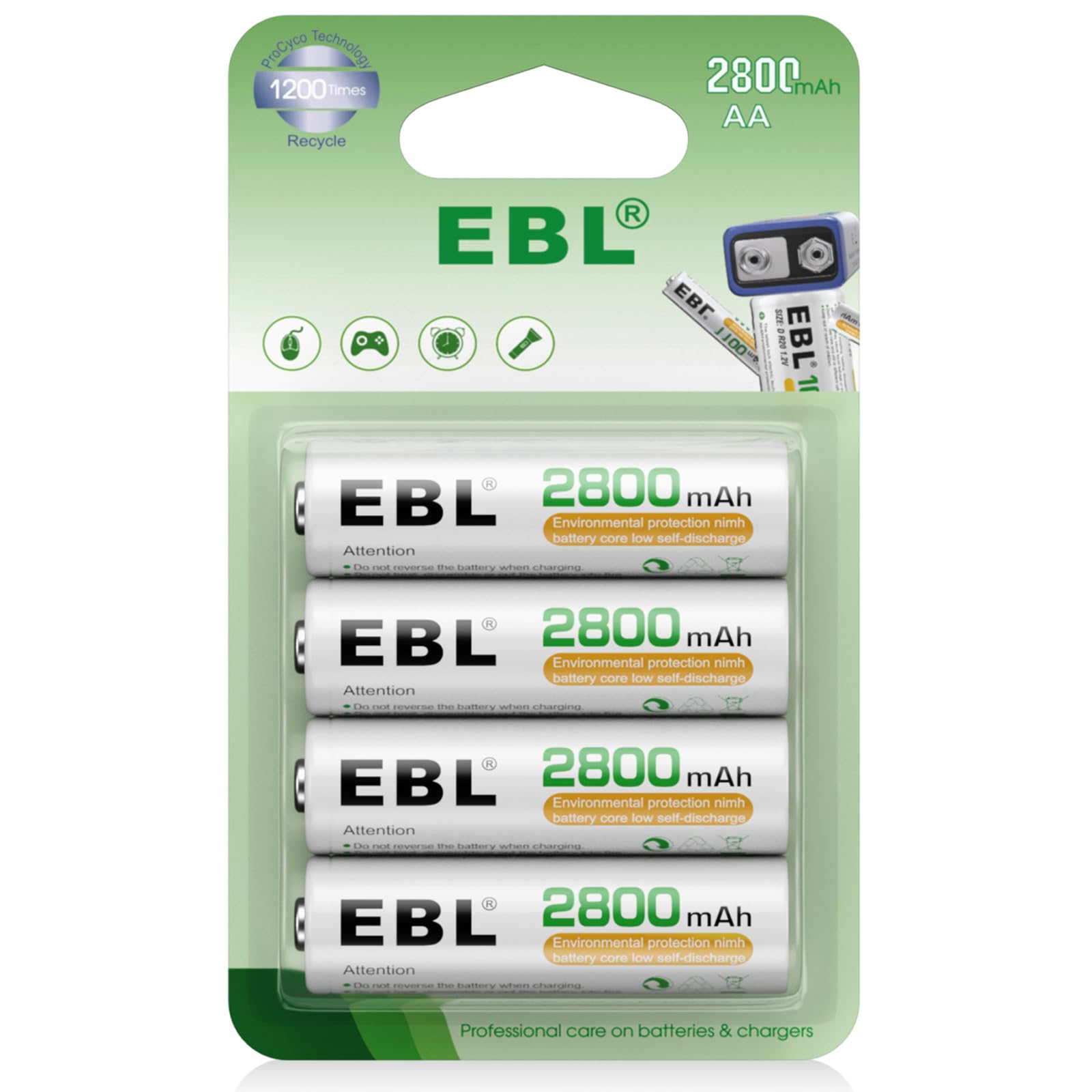 EBL AA Rechargeable Batteries 2800mAh - 4 Pack NiMH High Capacity 1.2V Double A Batteries, Pre-Charged & Long Lasting for Cameras, Toys, Flashlights, and Electronic Devices