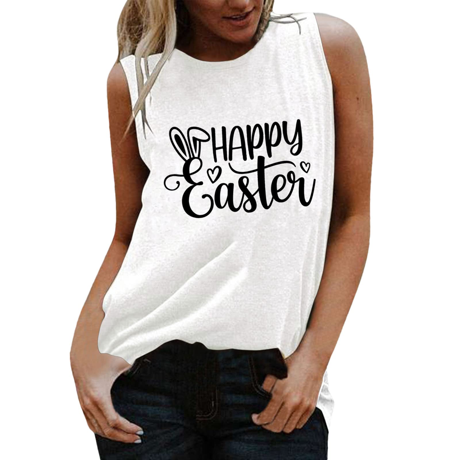 Women's Cute Happy Easter Letter Printed Tank Top - Casual Crew Neck Sleeveless Loose Fit Basic Tee for Spring Outfits & Easter Celebrations