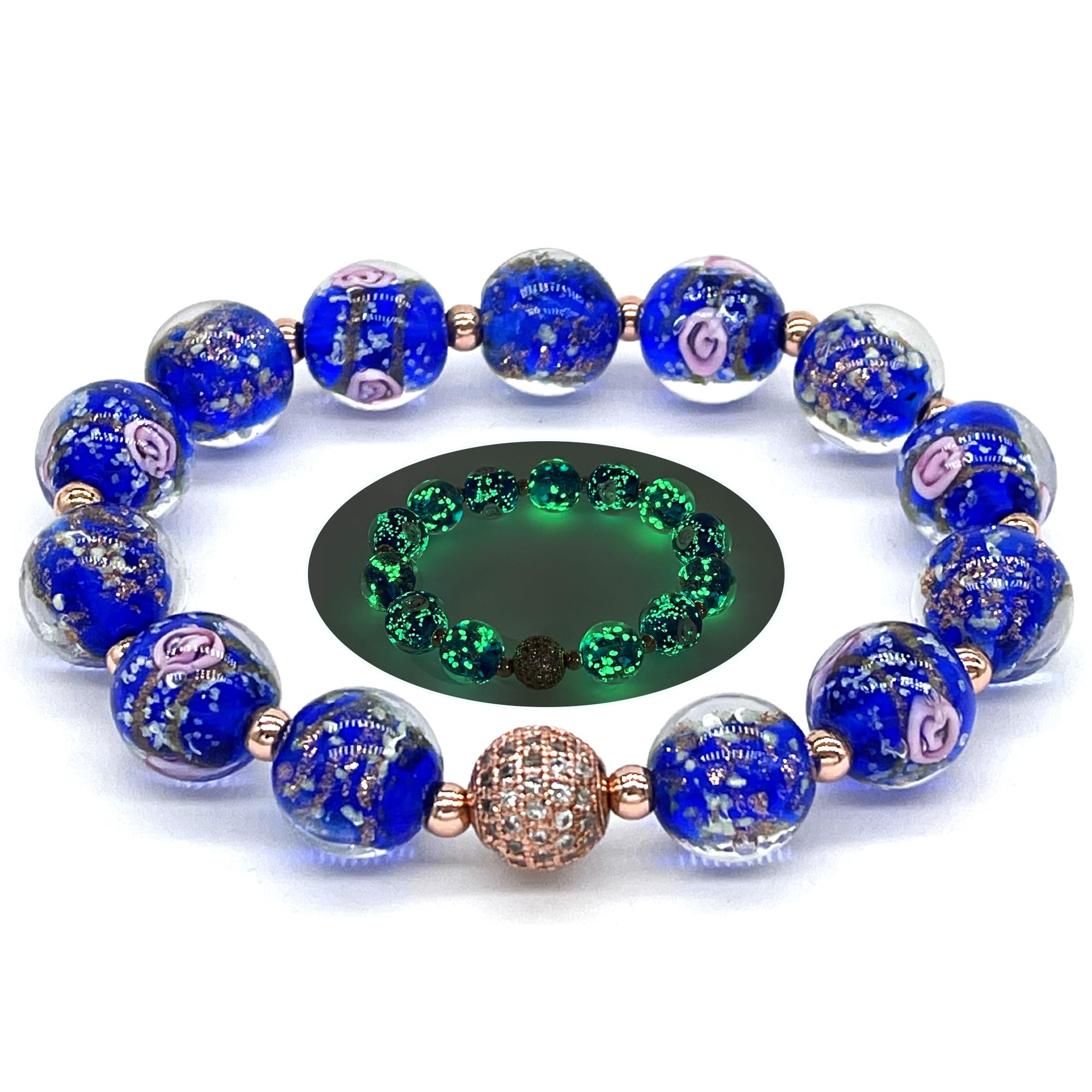Glow in The Dark Firefly Beads Bracelet - Ocean Blue Luminous Murano Glass Beads Jewelry for Women, Mermaid Crystal Healing Inspirational Bangle - Perfect for Night Parties, Beach Wear & Spiritual Healing