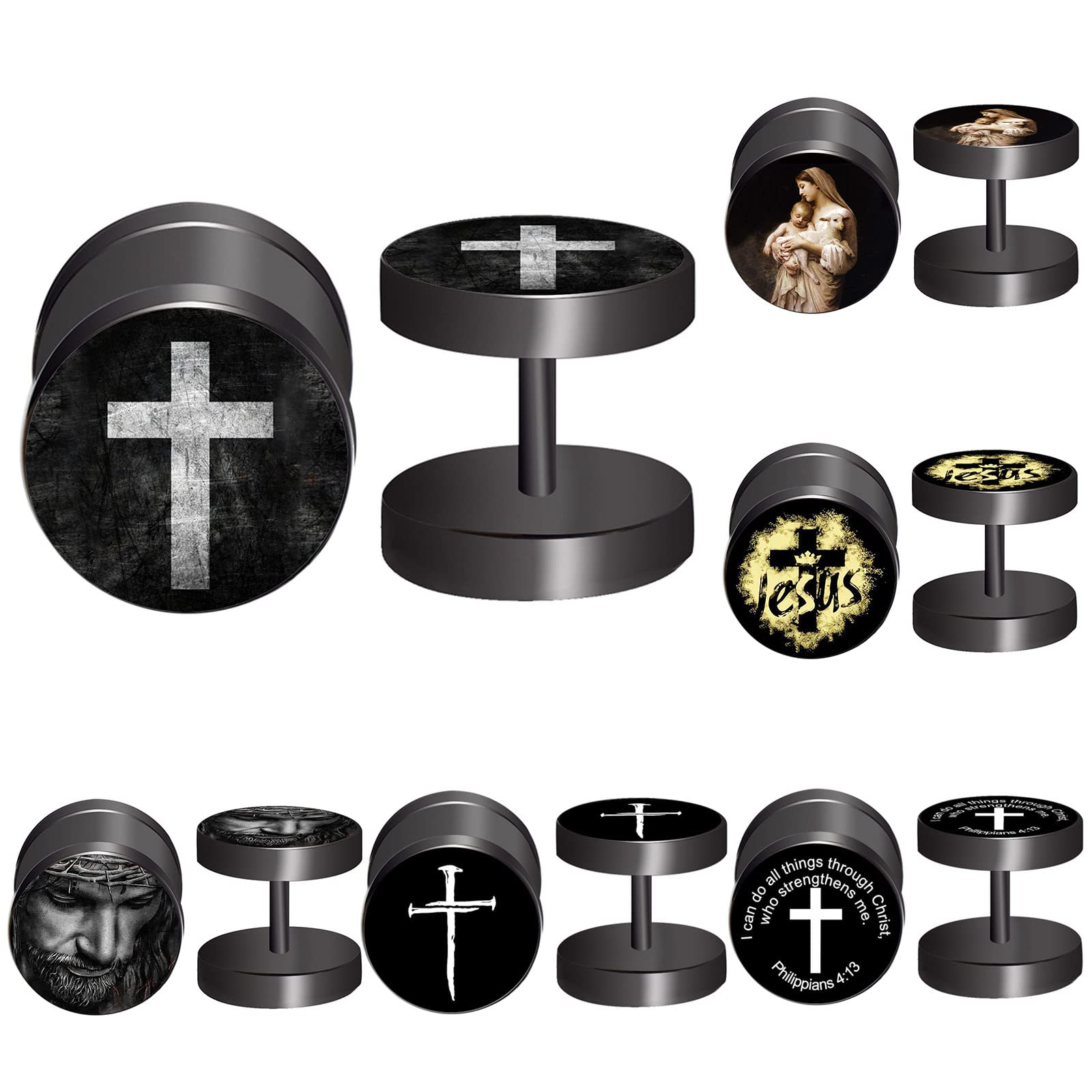 FLYUN 6 Pairs Cross Earrings for Men - Fake Gauge Stud Earrings with Flat Back - Faux Gauges Ear Plugs - Perfect for Gothic, Punk, and Everyday Fashion Accessories