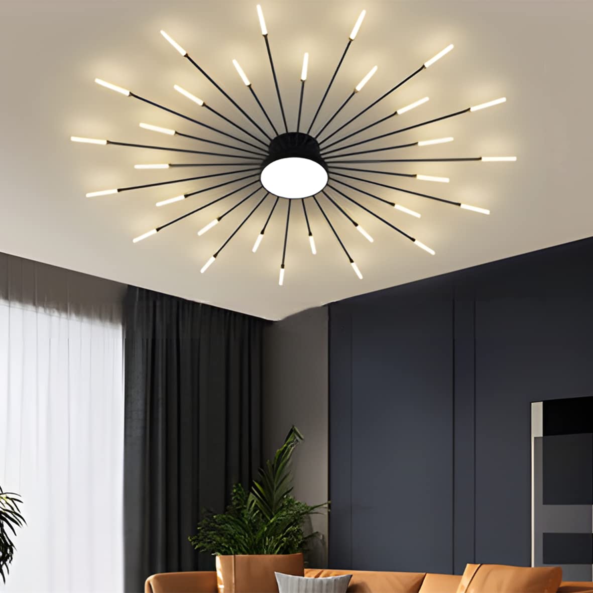 Modern Sputnik Ceiling Light - Semi Flush Mount Linear Chandelier with Acrylic Starburst & Spiral Design - Black LED Ceiling Lamp for Living Room, Bedroom, Dining Room - 30+1 Lights Natural White - Perfect for Modern Home Decor, Apartment Lighting, and Commercial Spaces