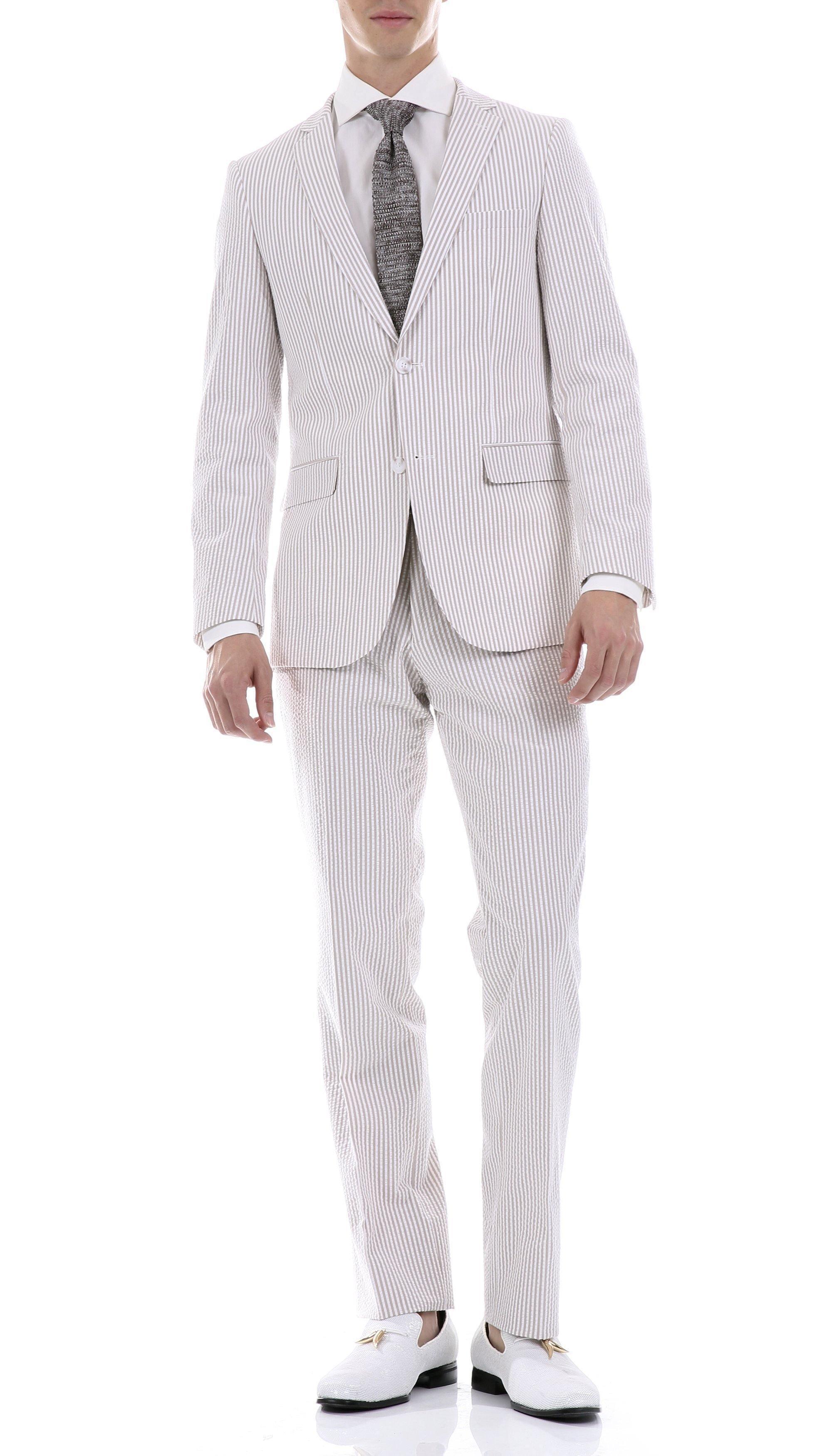 Men's 2-Piece Summer Seersucker Slim Fit Suit - Tan Pinstripe | Lightweight Breathable Wedding, Business & Formal Attire