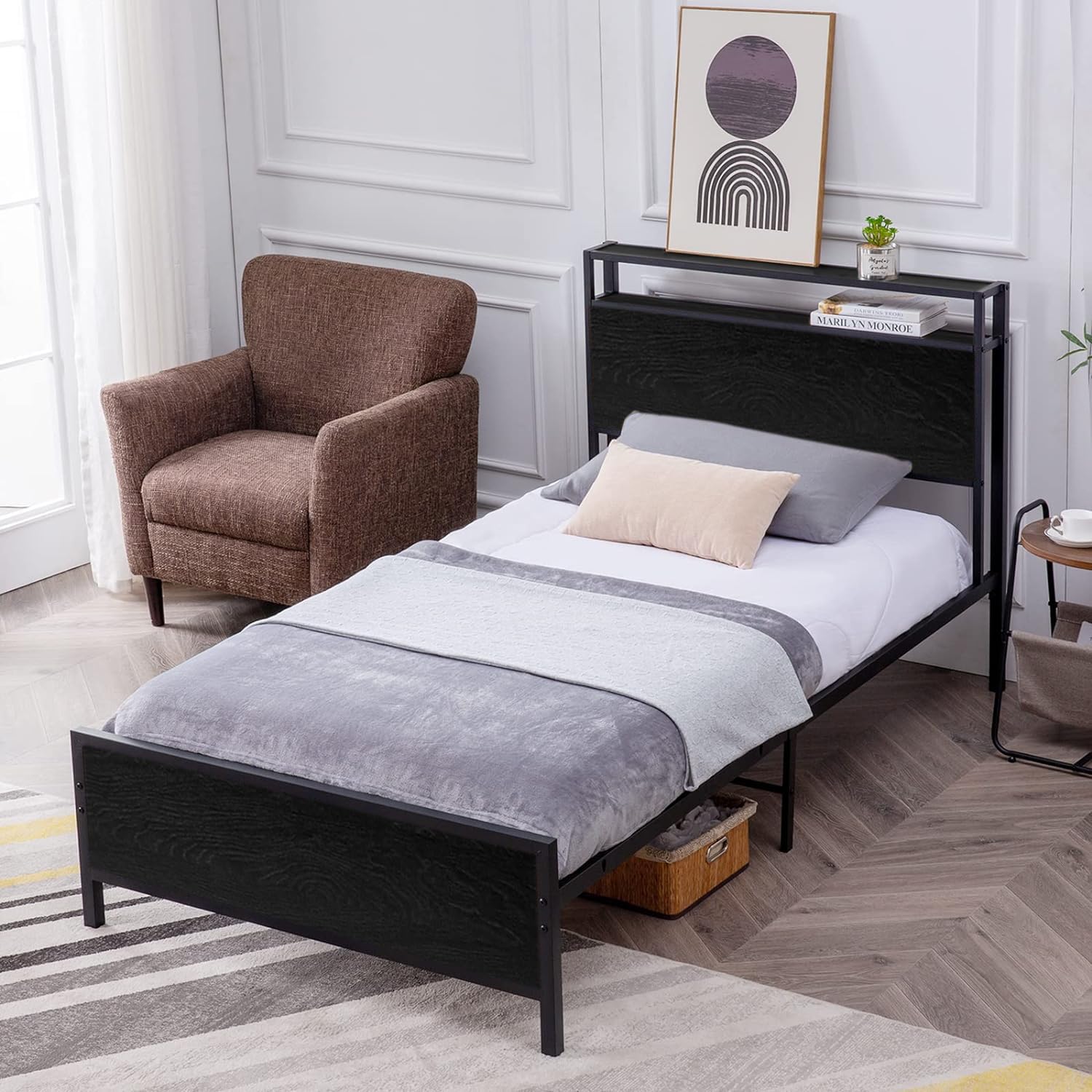 GAZHOME Twin Bed Frame with 2-Tier Storage Headboard - Solid Wood Platform Bed, No Box Spring Needed, Quiet & Sturdy Design - Perfect for Small Bedrooms, Guest Rooms & Dormitories