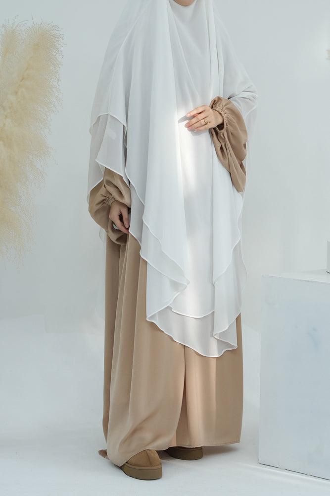 Extra Long Two Layer Chiffon Khimar Scarf - Elegant White Muslim Prayer Shawl for Women | Perfect for Hijab, Prayer, and Special Occasions