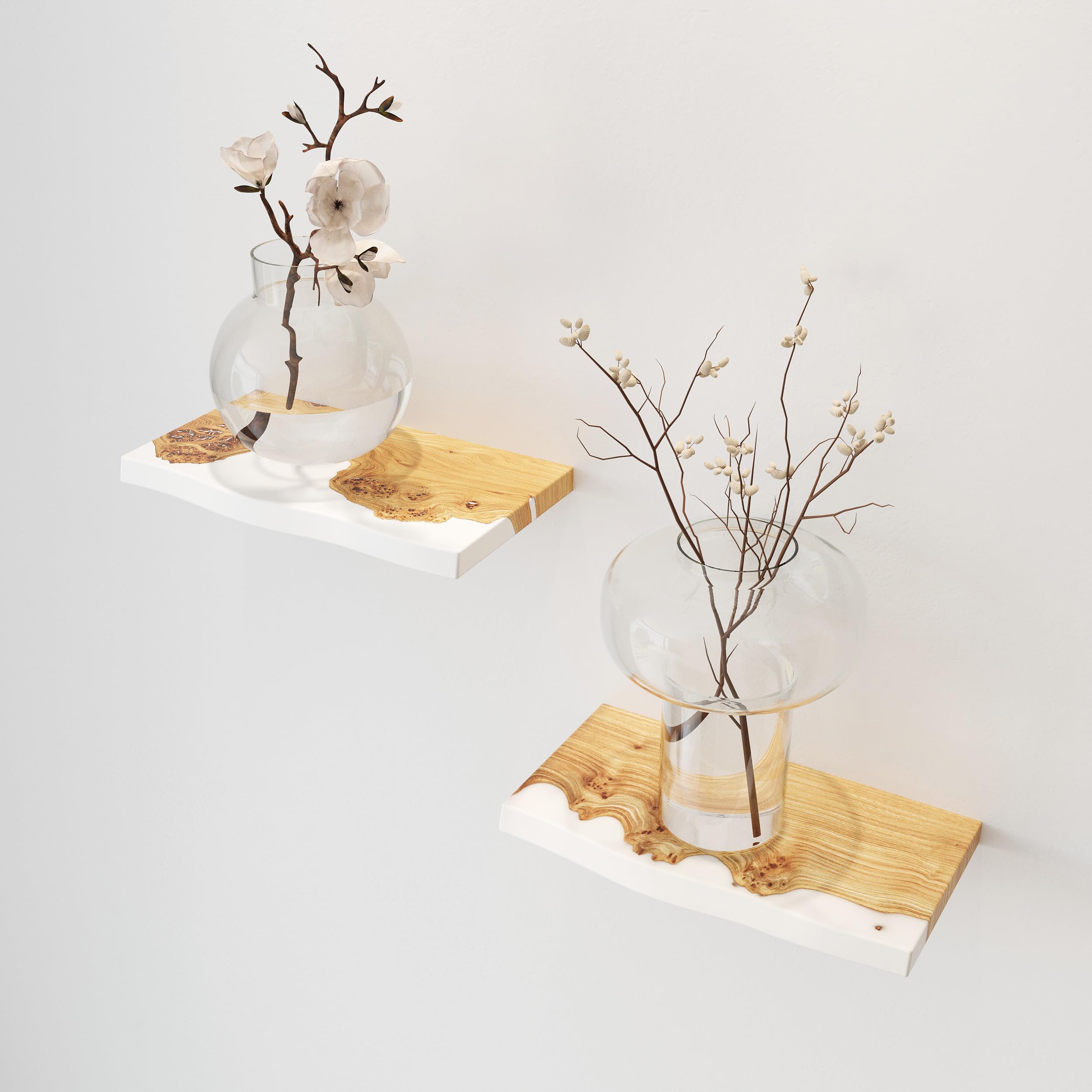Floating Shelves for Wall Decor - Epoxy & Wood Wall Shelf Plank, Stylish Wall Mounted Shelves for Living Room, Bedroom & Office Organization - Elegant Small White Shelves for Home Storage & Display