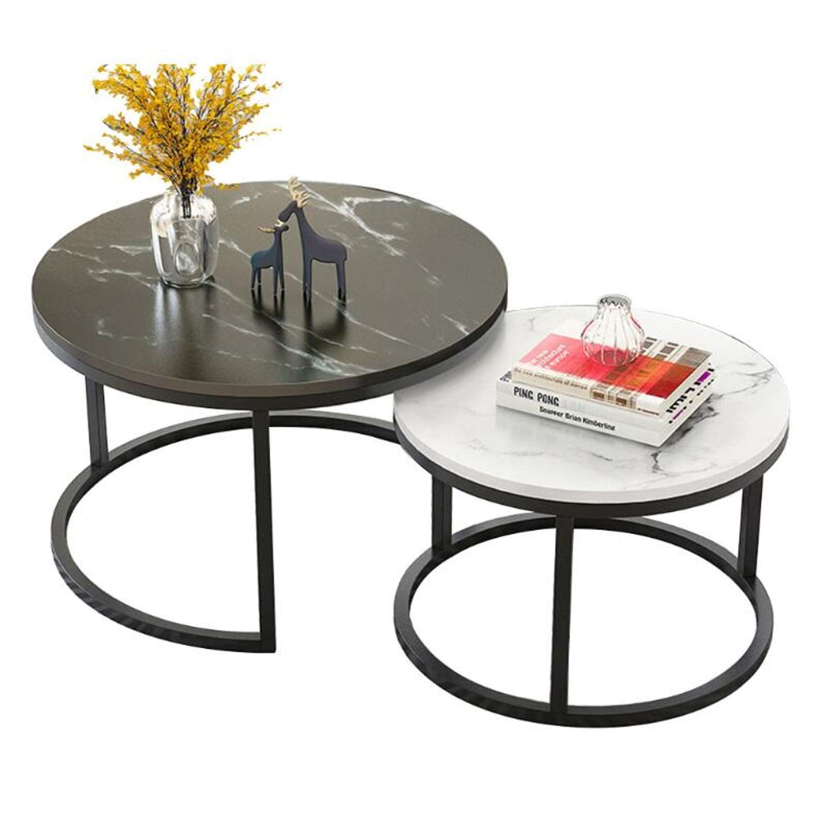 XJZKA Round Coffee Table Set of 2 - Modern Elegant Side Tables with Marble Look, Sturdy & Easy Assembly Accent Sofa Tables for Living Room, Bedroom | Perfect for Small Spaces, Coffee Time & Home Decor