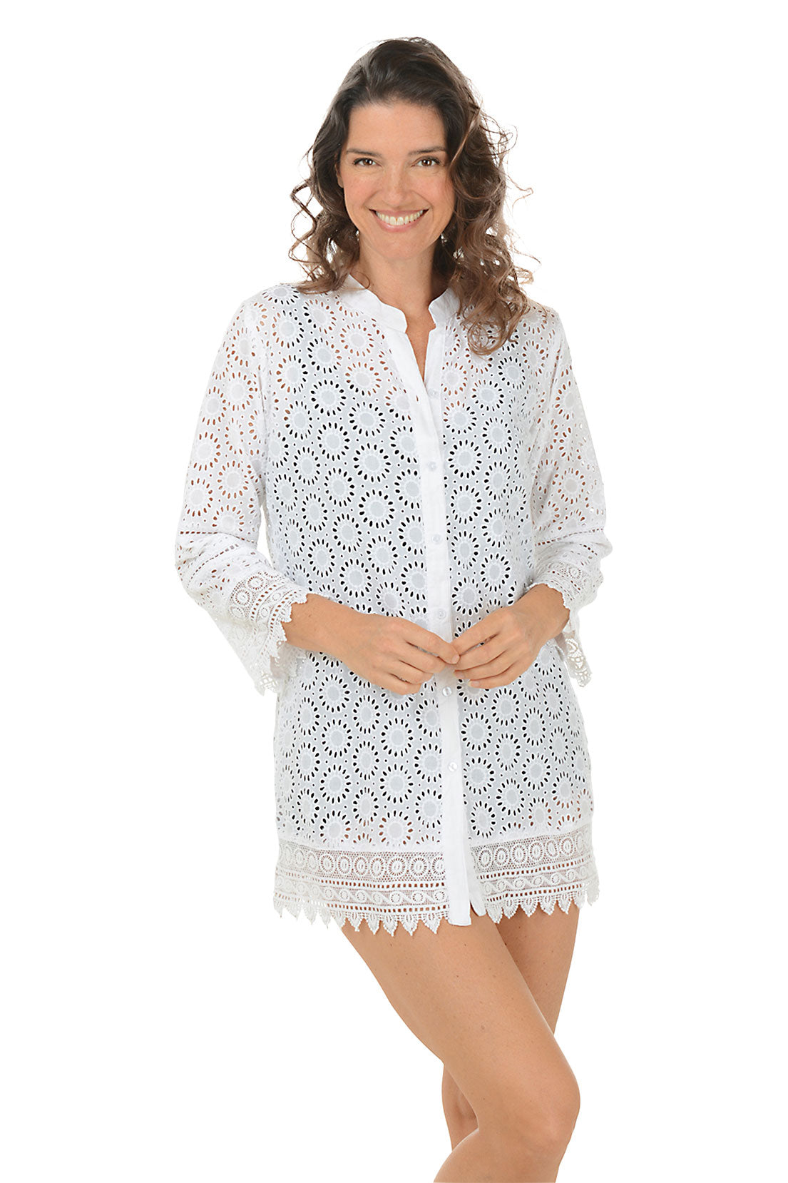 Eyelet Lace Button Front Cover Up - Stylish Beachwear for Summer Outings & Poolside Relaxation