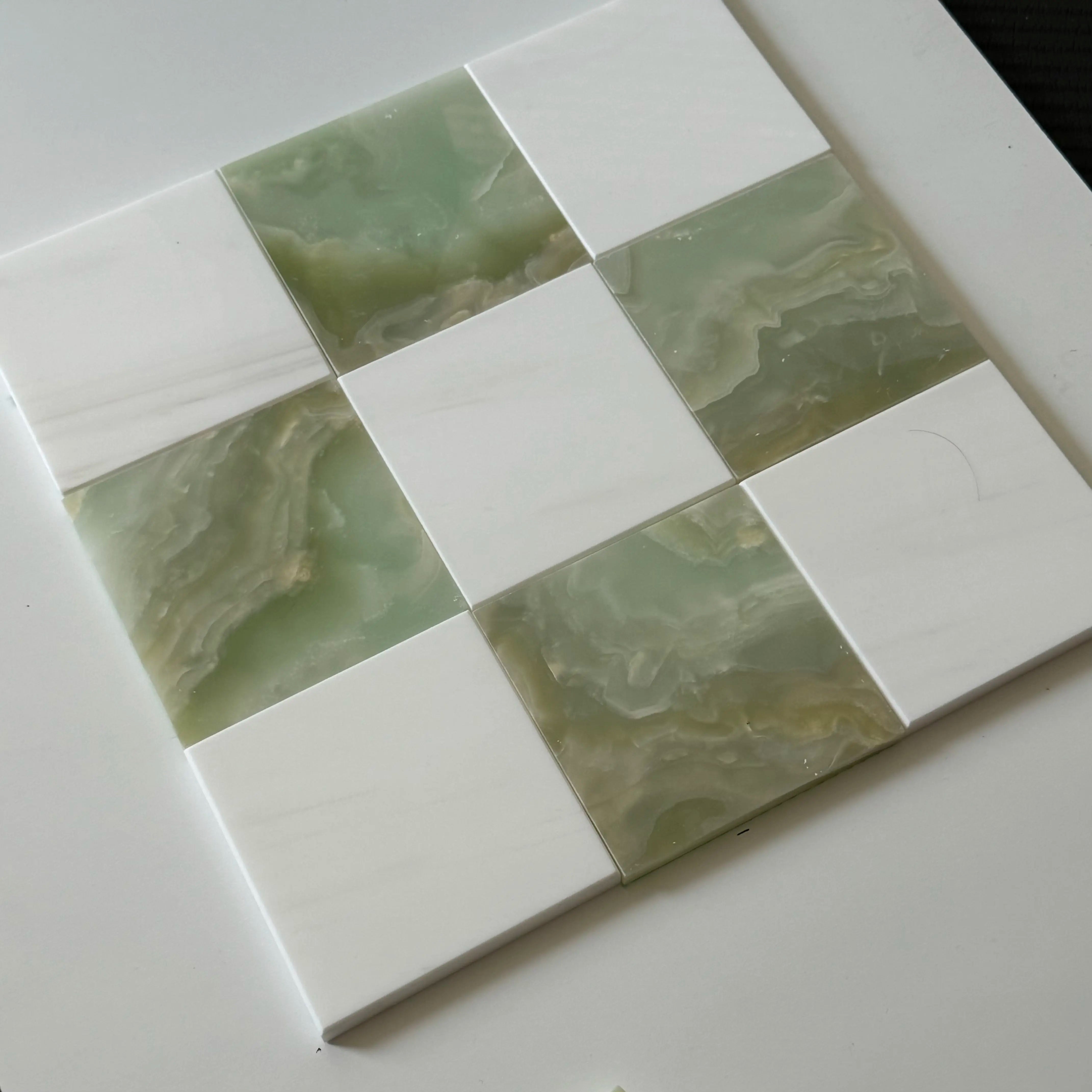 Premium Green Onyx & Bianco Dolomite Checkerboard Tiles - Polished or Honed Finish for Kitchen Backsplash, Bathroom Wall, and Flooring Design