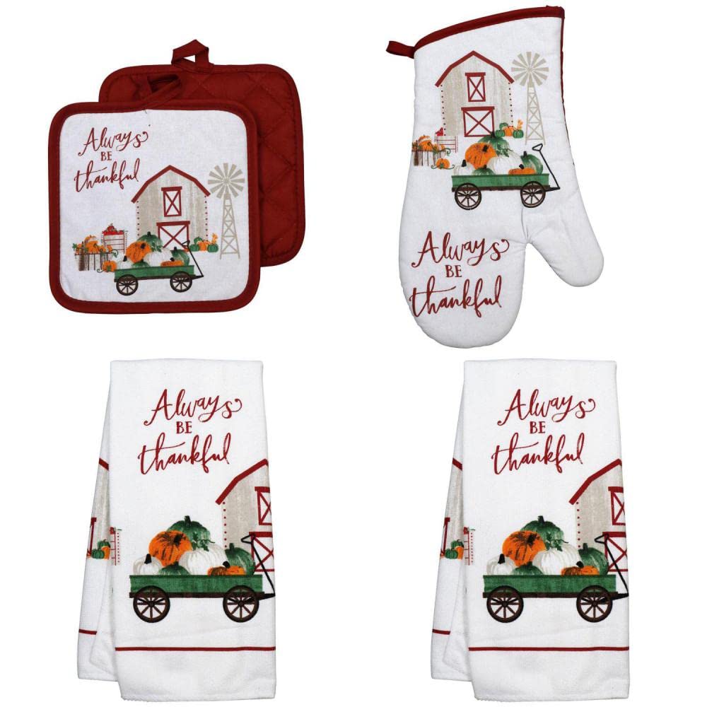 Always Be Thankful Harvest Pumpkin Rustic Country Farmhouse Kitchen Linen Set - 2 Dish Towels, 2 Potholders, 1 Oven Mitt | Fall Thanksgiving Decor, Farmhouse Style Kitchen Accessories for Cozy Autumn Cooking & Baking